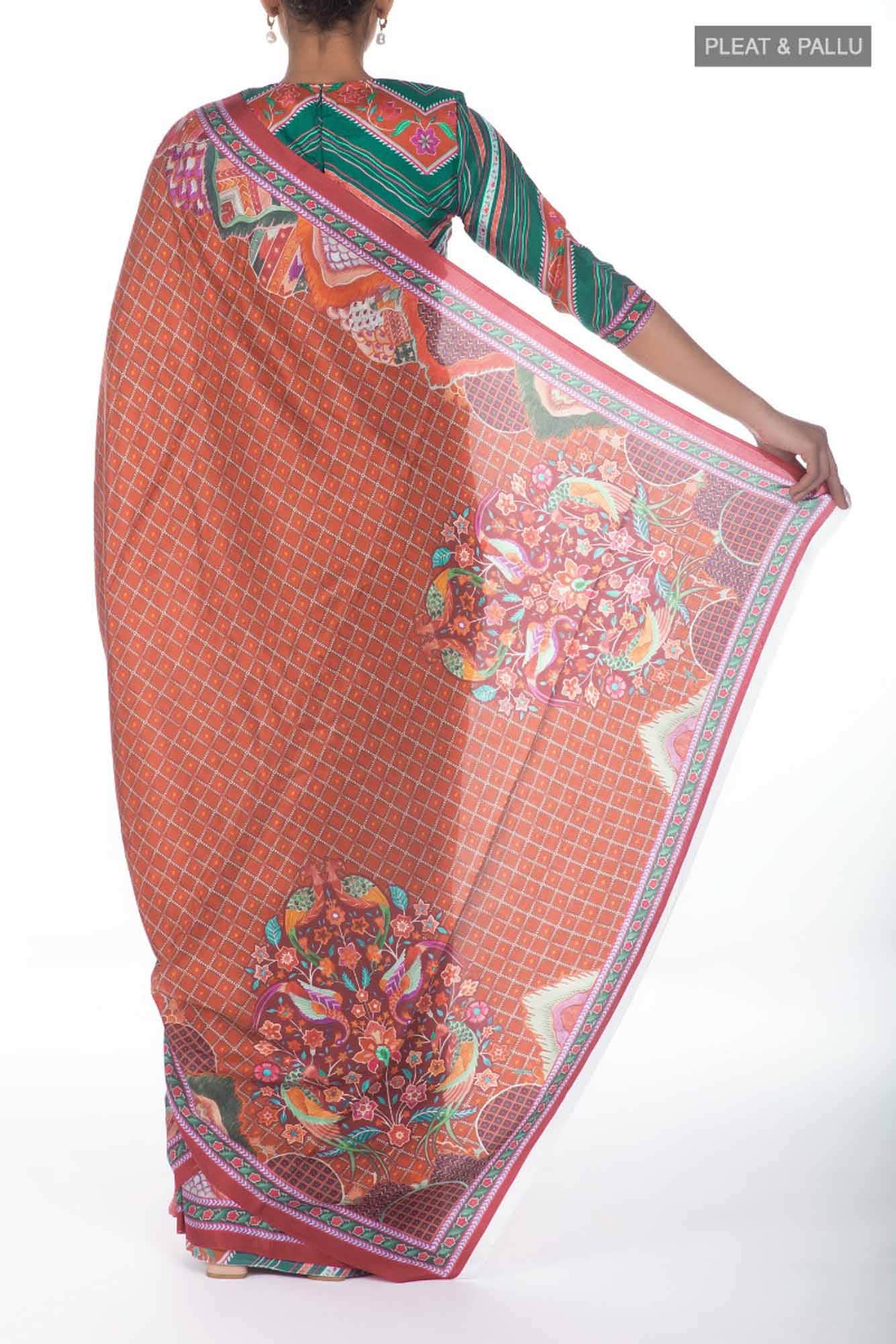 Tila orange floral design saree from Chintz Collection, Designed by Nalli - Image 5