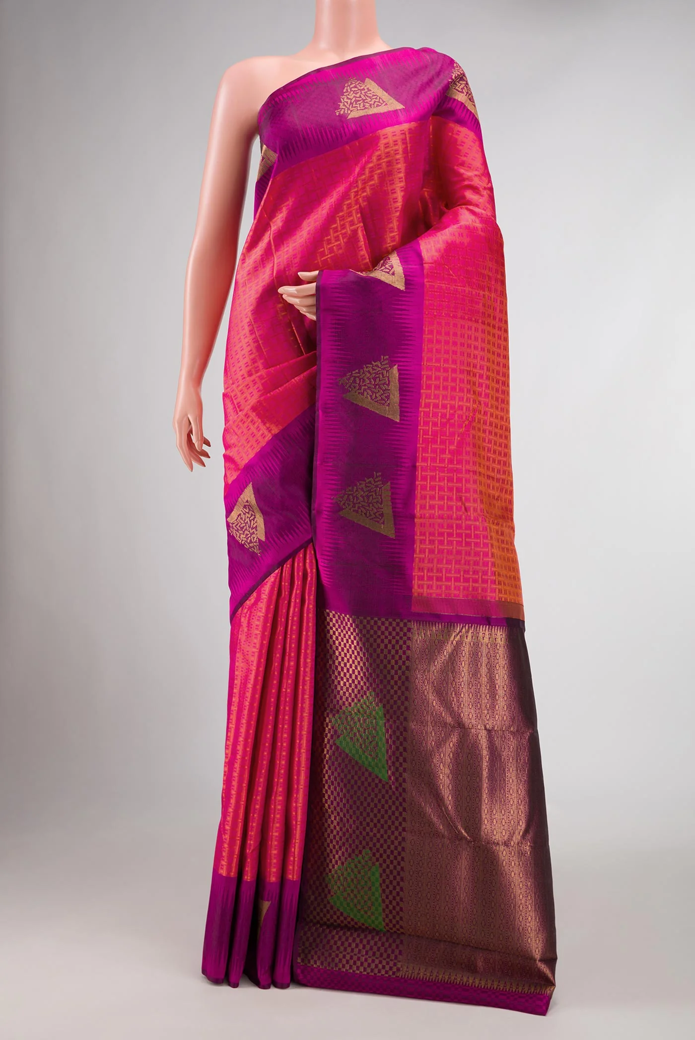Pink and Orange Color Kanchipuram Silk Saree