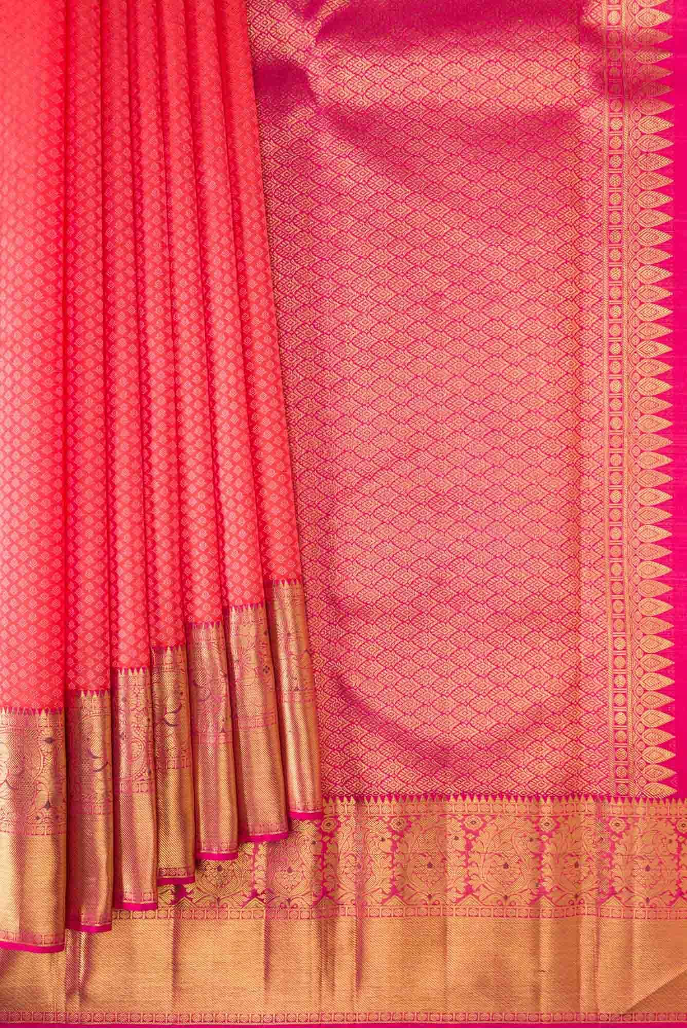 Pure Silk Pure Zari Coral Dual Tone Kanchipuram Saree - Image 2