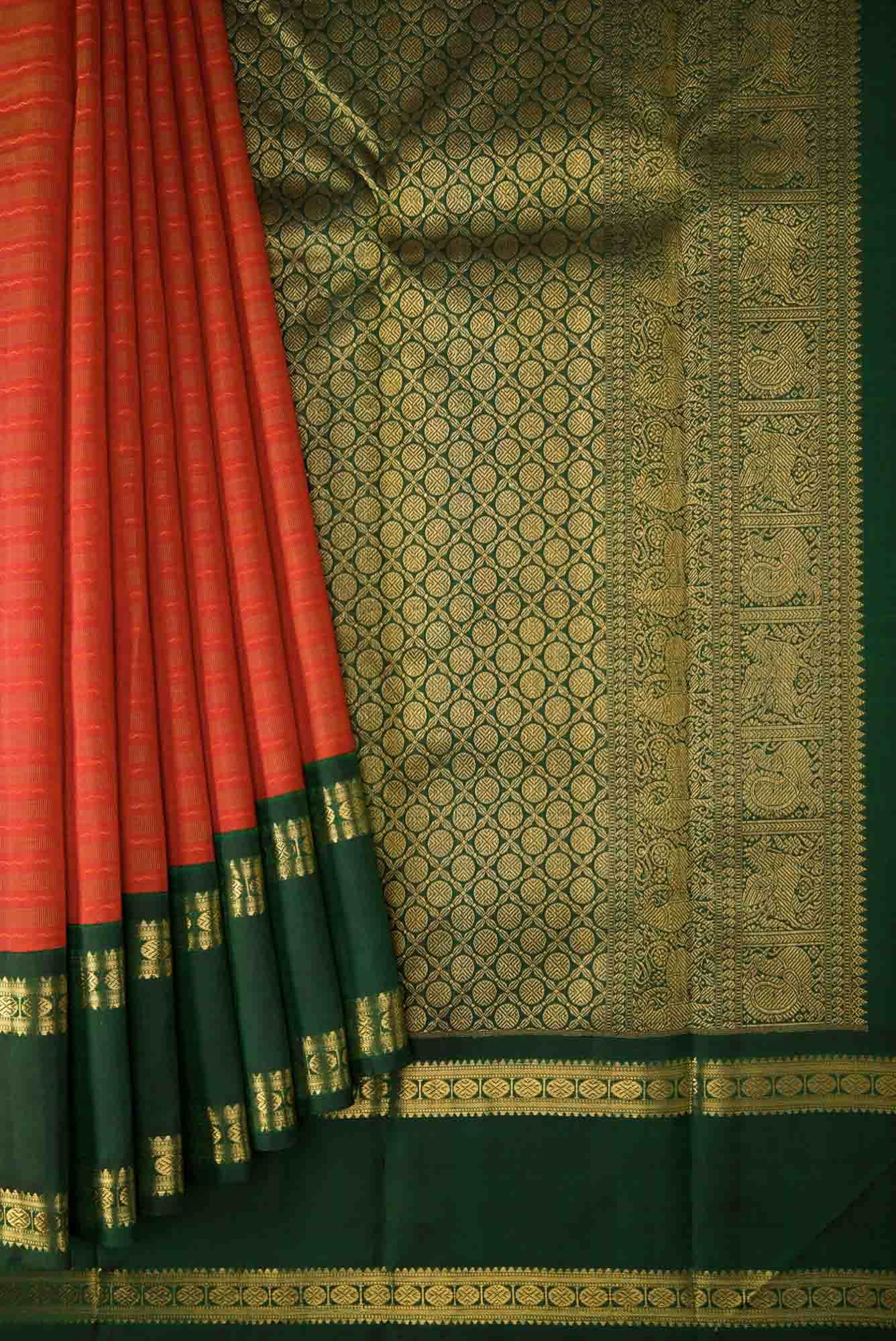 Pure Silk Pure Zari Orange Dual Tone Kanchipuram Saree - Image 2