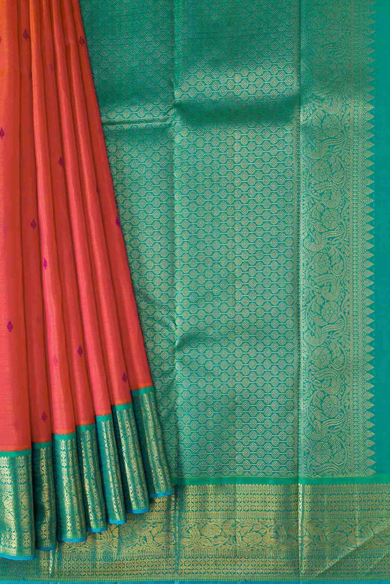 Pure Silk Pure Zari Orange Dual Tone Kanchipuram Saree - Image 2
