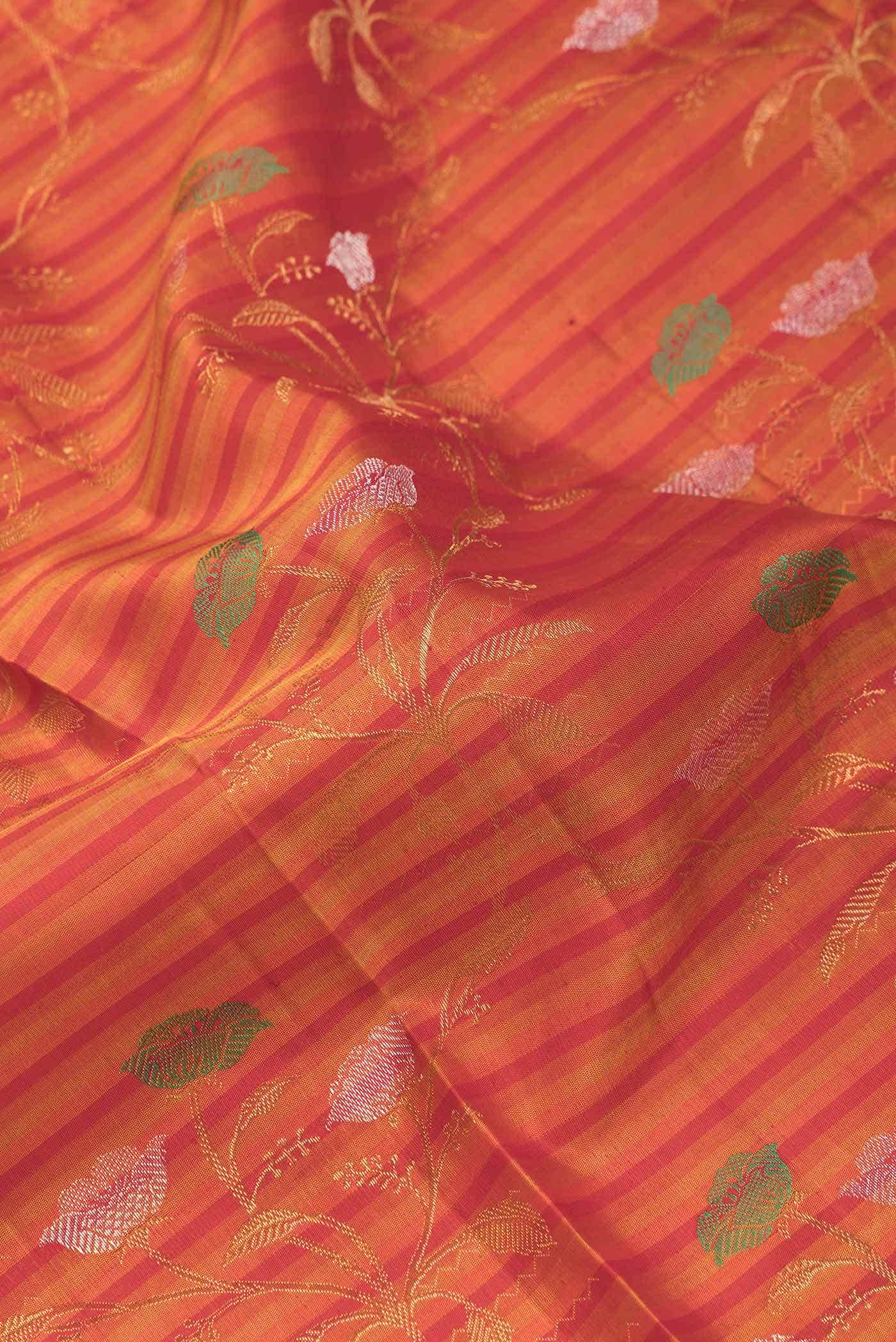 Pure Silk Pure Zari Orange Dual Tone Kanjivaram Saree - Image 3