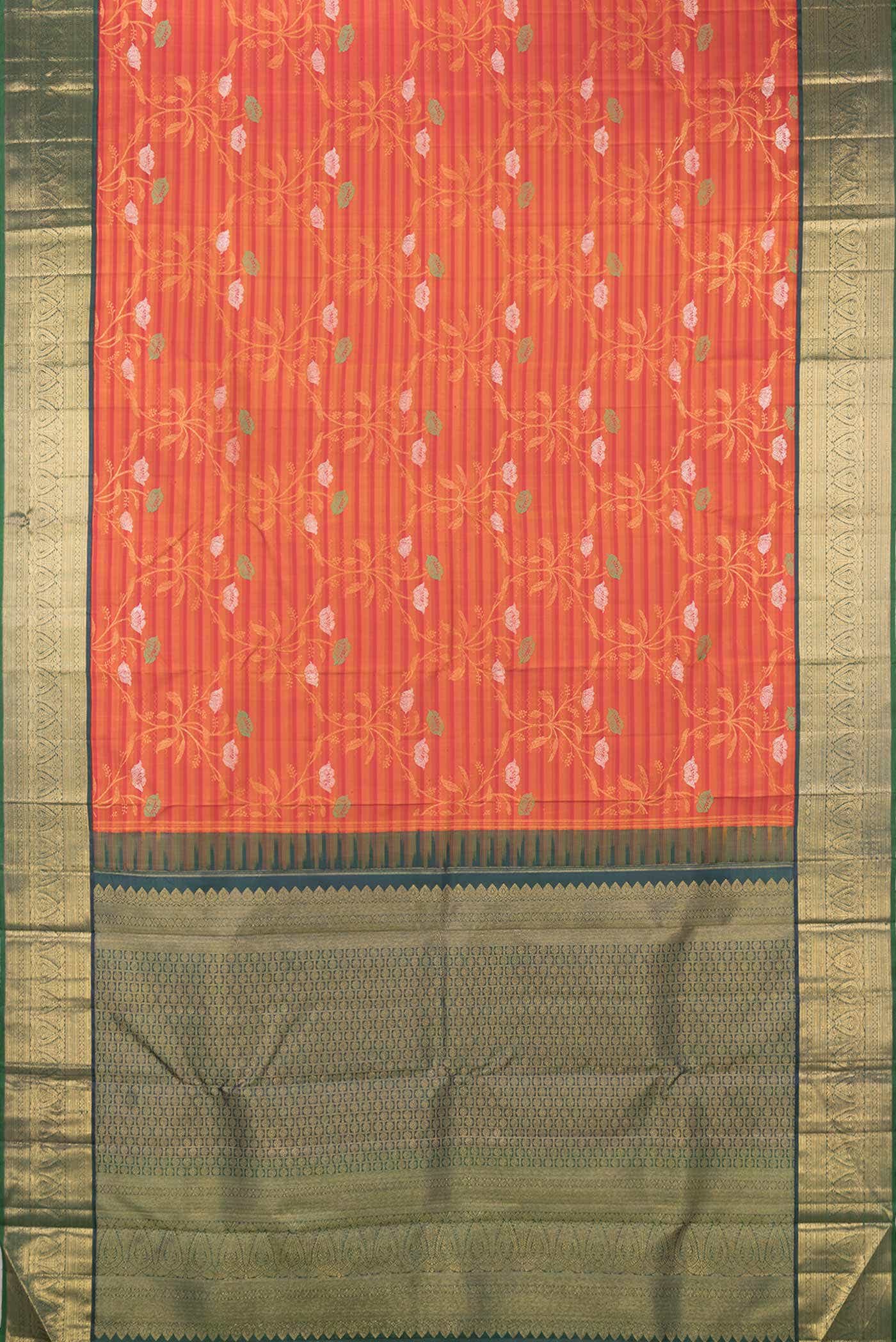 Pure Silk Pure Zari Orange Dual Tone Kanjivaram Saree - Image 4