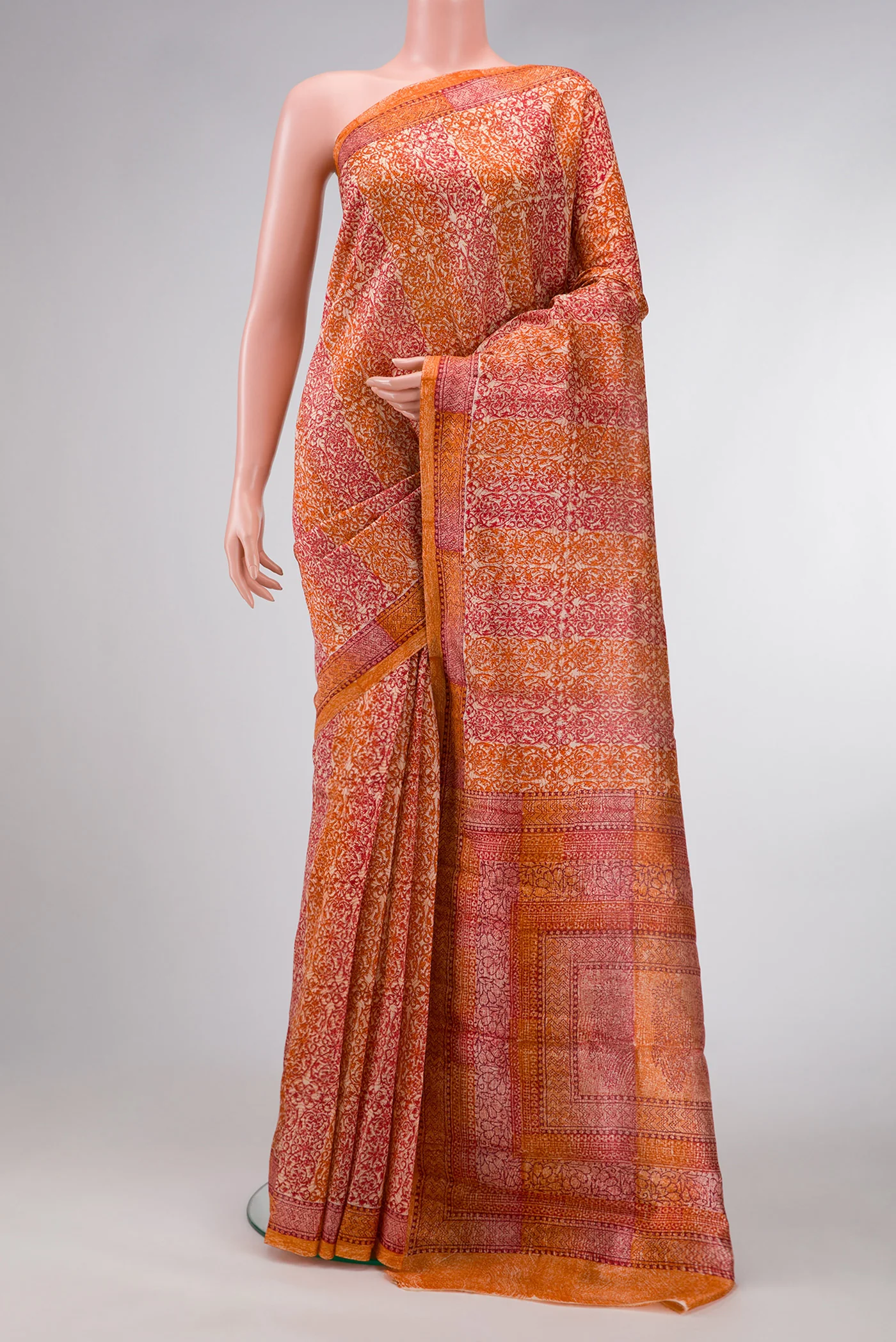 Orange Printed Silk Saree