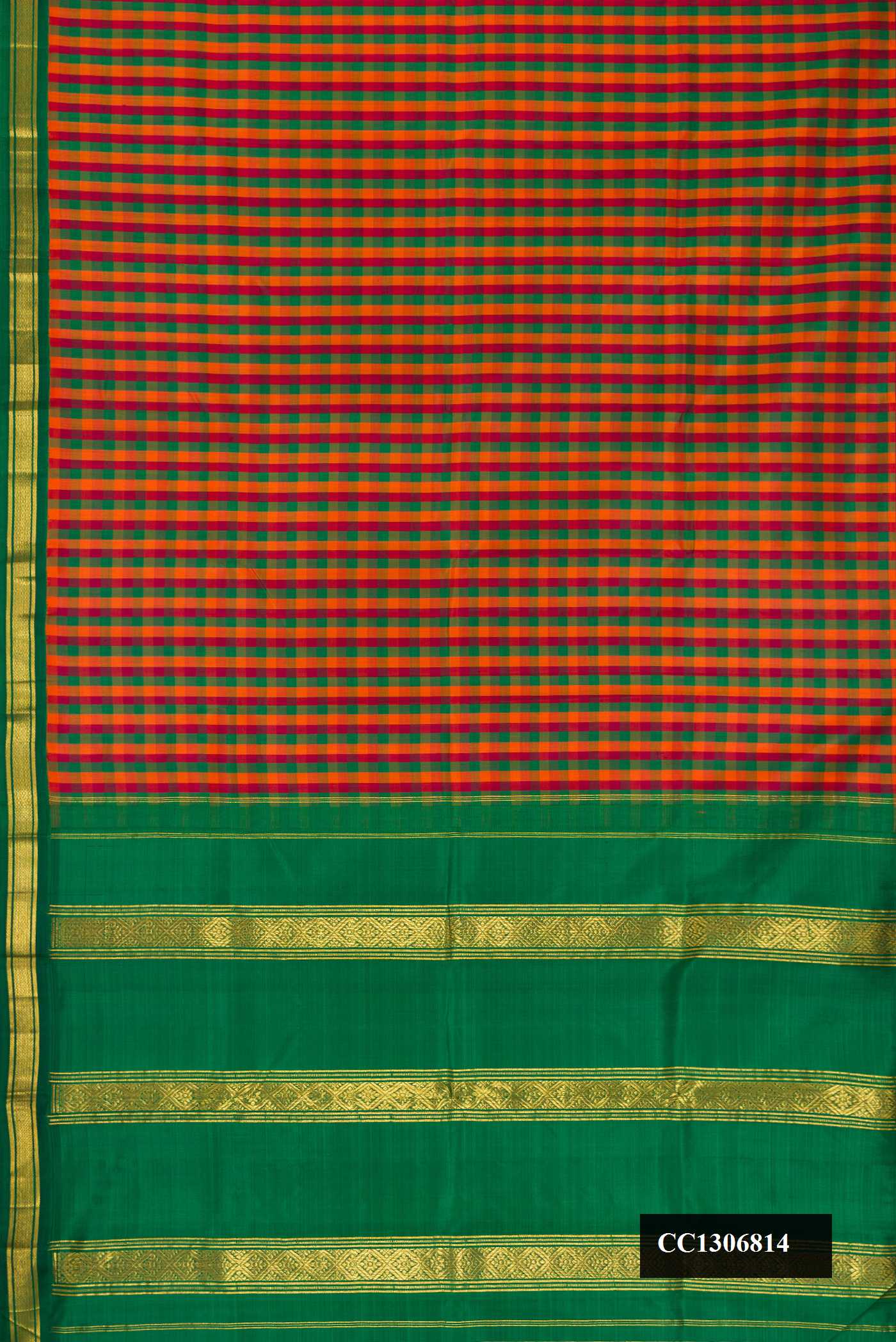 Orange, Green and Maroon Dual Tone Kanchipuram Silk Saree