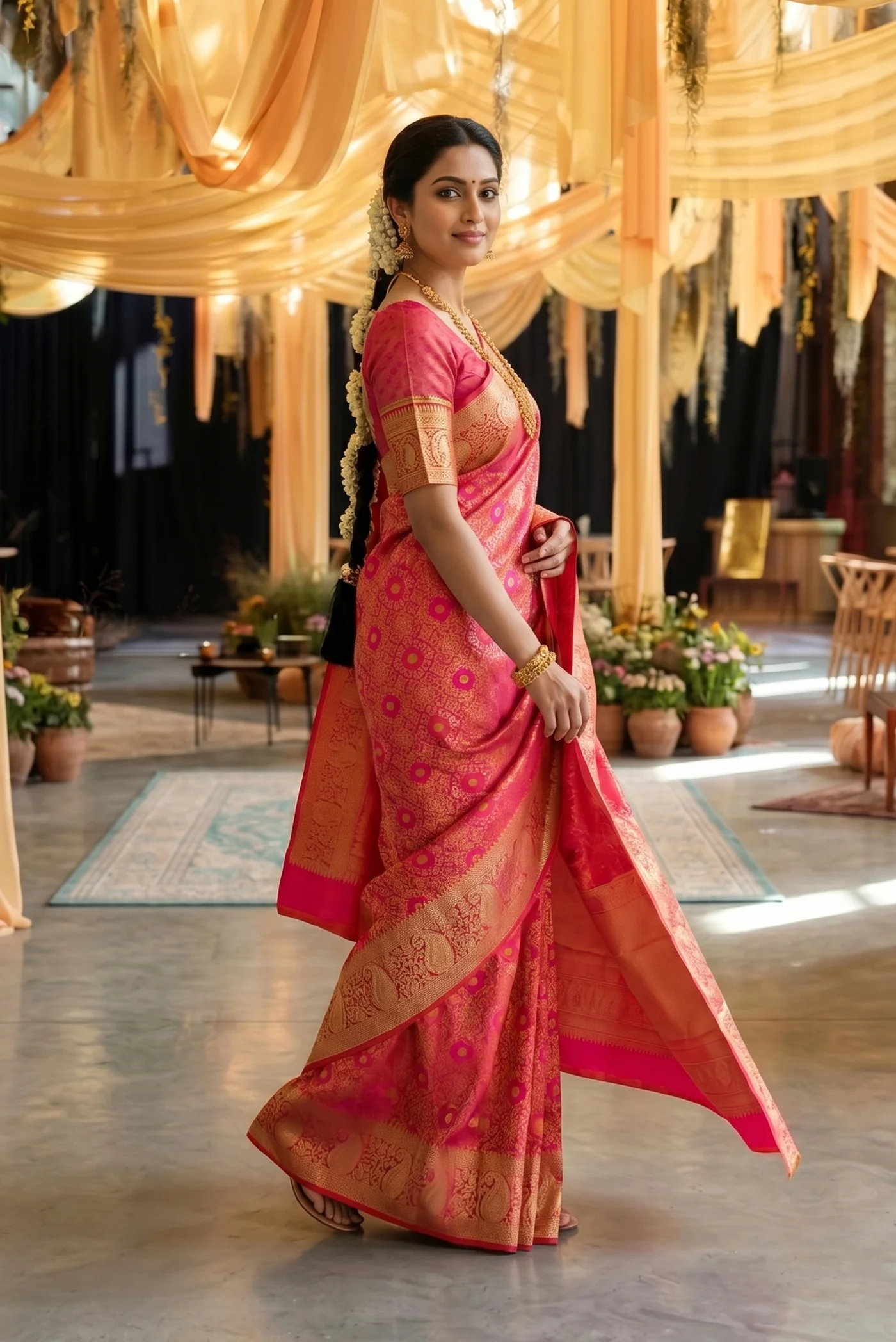Orange with Pink Color Kanchipuram Silk Saree