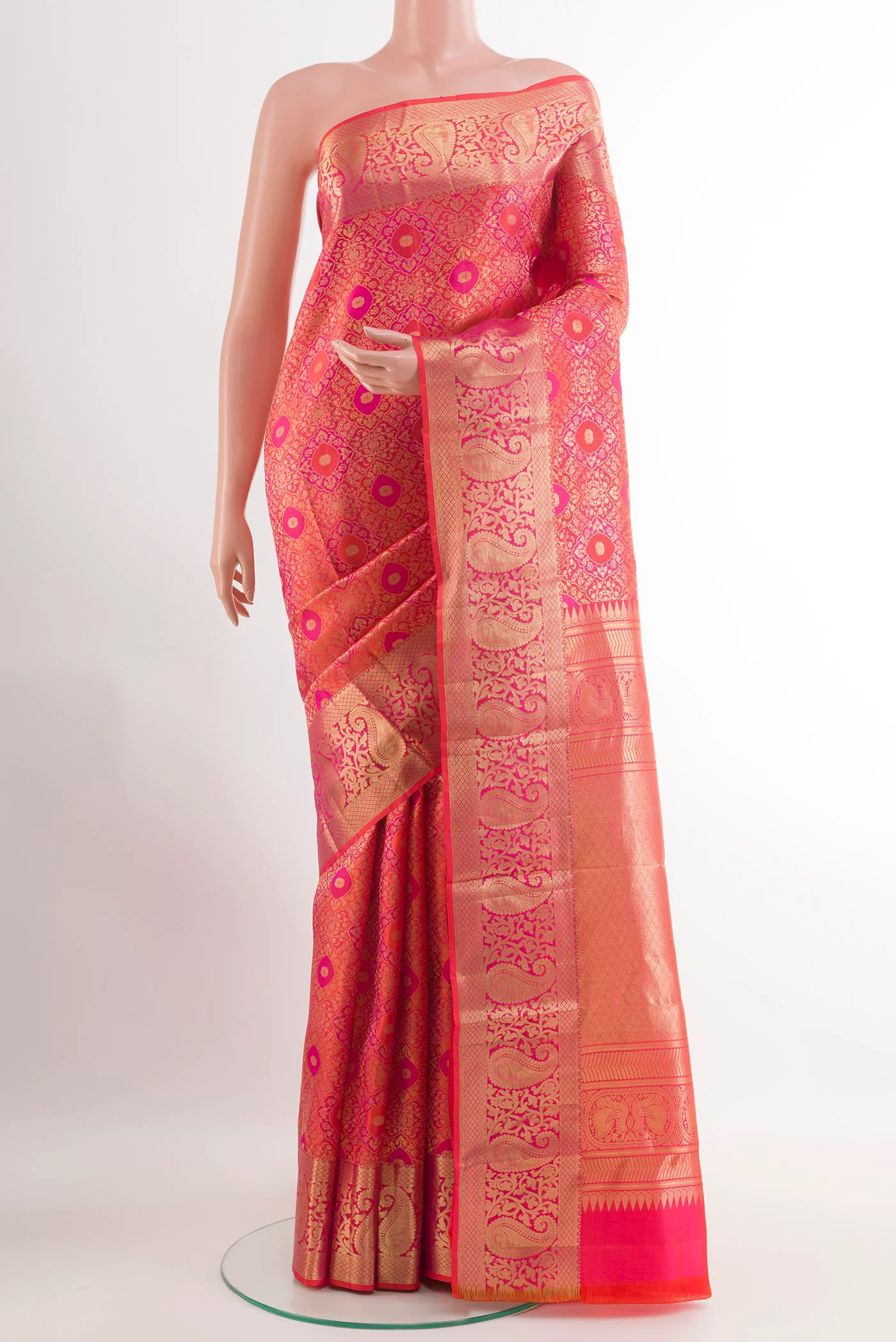 Orange with Pink Color Kanchipuram Silk Saree - Image 2