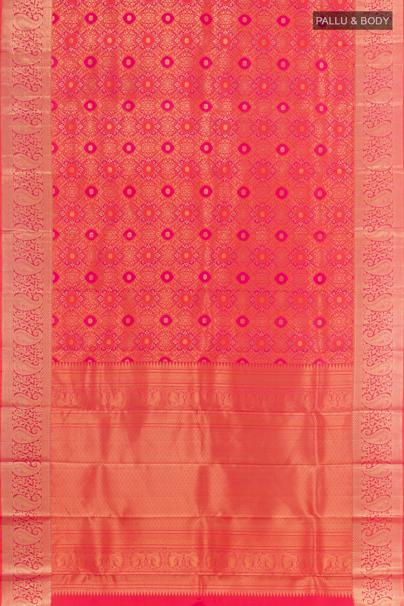 Orange with Pink Color Kanchipuram Silk Saree - Image 4
