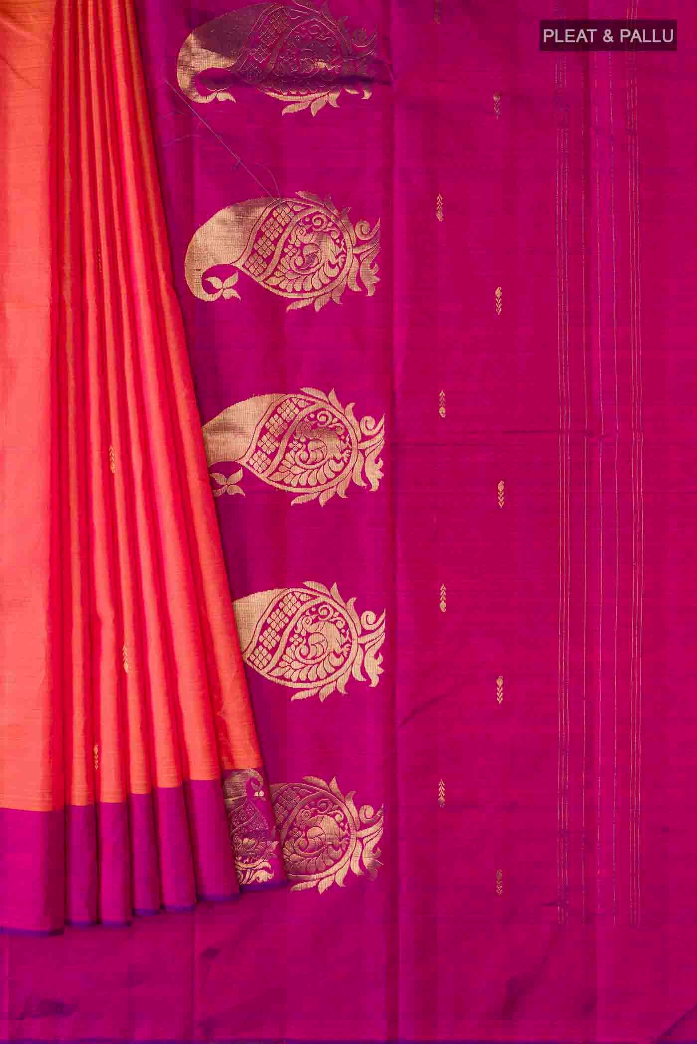 Orange with Pink Color Kanchipuram Silk Saree - Image 4