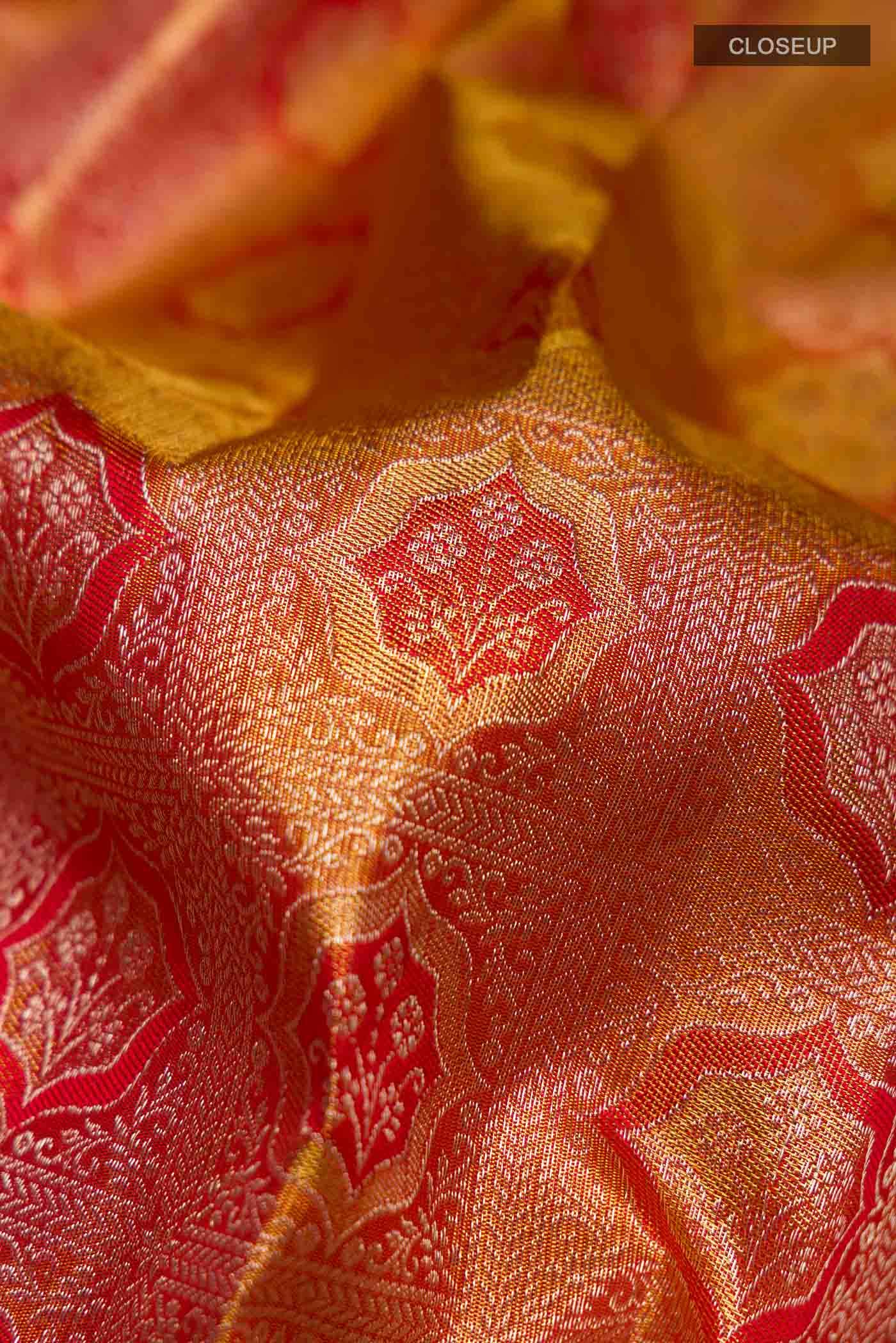 Gold with Red Color Kanjivaram Tissue Silk Saree - Image 3