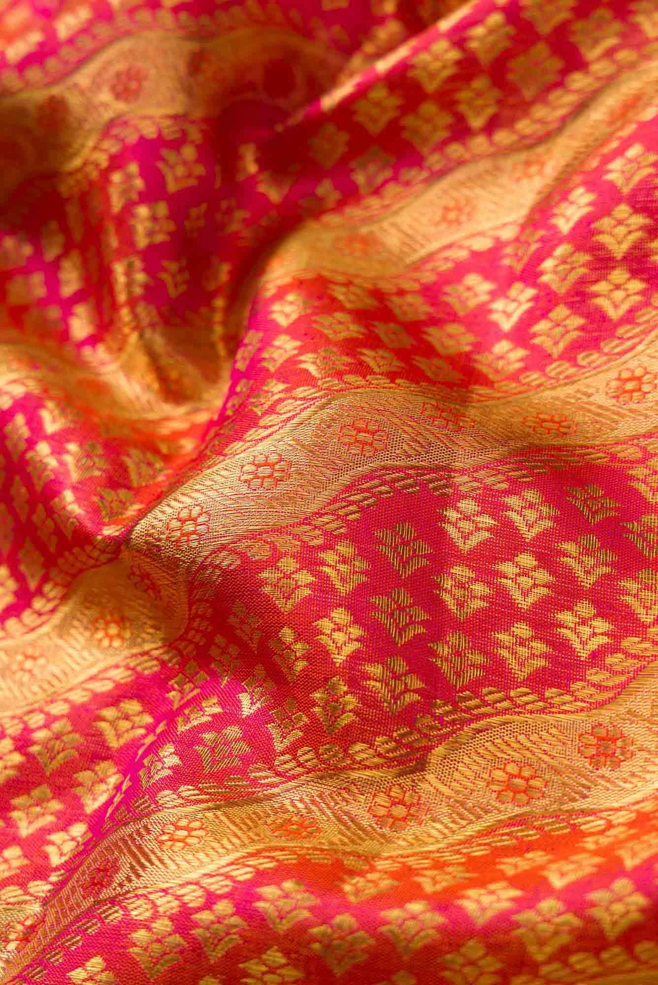 Pink with Orange Color Kanchipuram Silk Saree - Image 3