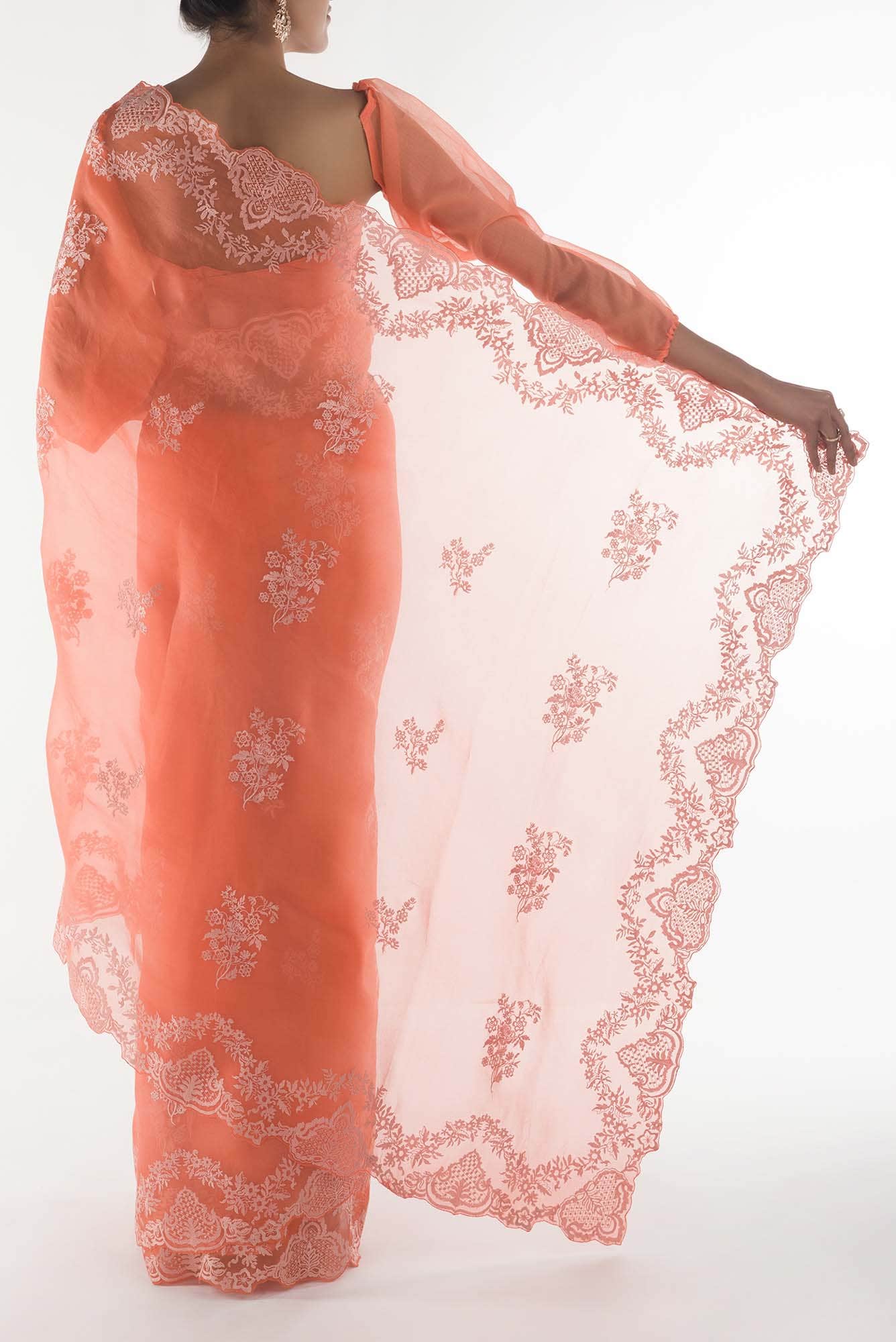 Peonia Orange floral design saree from Embroidered Romance Collection by Nalli - Image 4