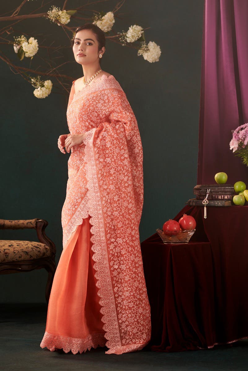 Iris waltz Orange floral design saree from Embroidered Romance Collection by Nalli - Image 7