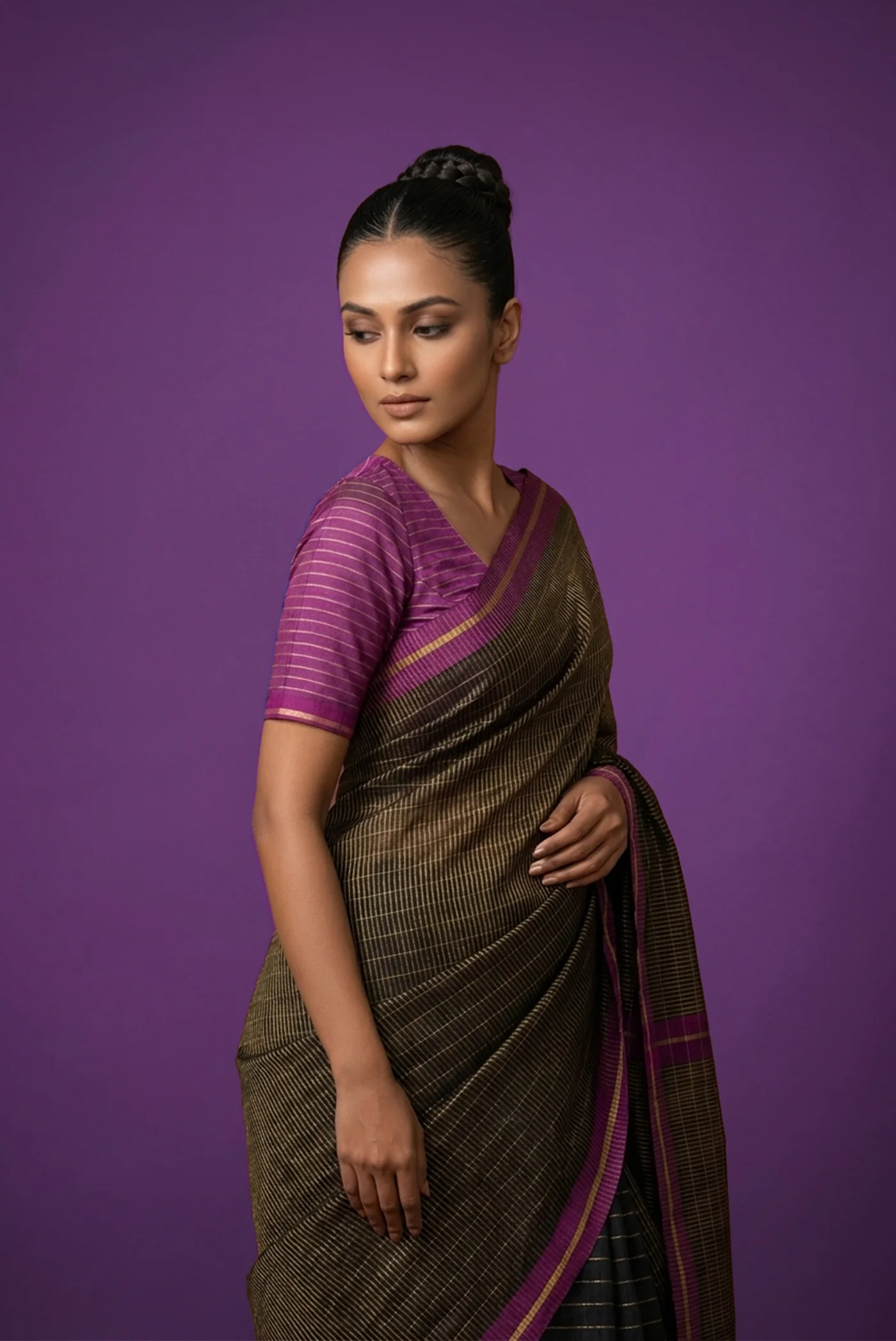 Orchid Dream-Black Bhagalpuri Tussar Silk Saree