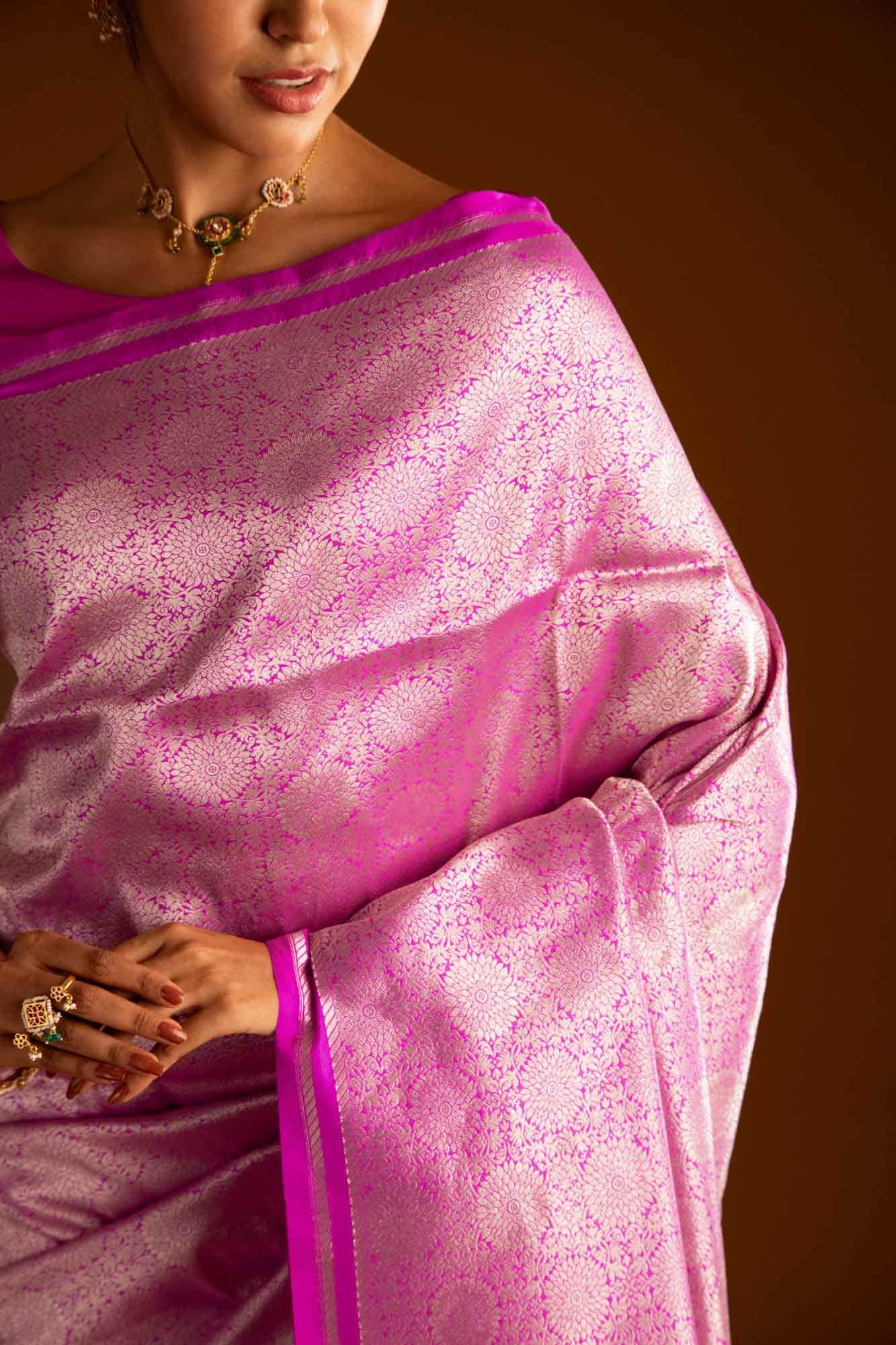 Ottoman Flowers-Pink Banarasi Silk Saree - Image 2