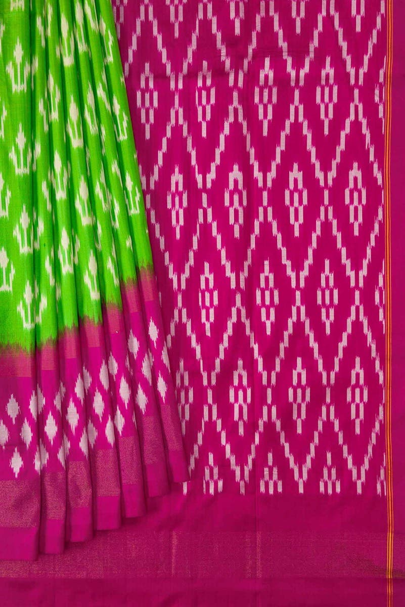 Parrot Green Dual Tone Double Ikat Saree - Image 2