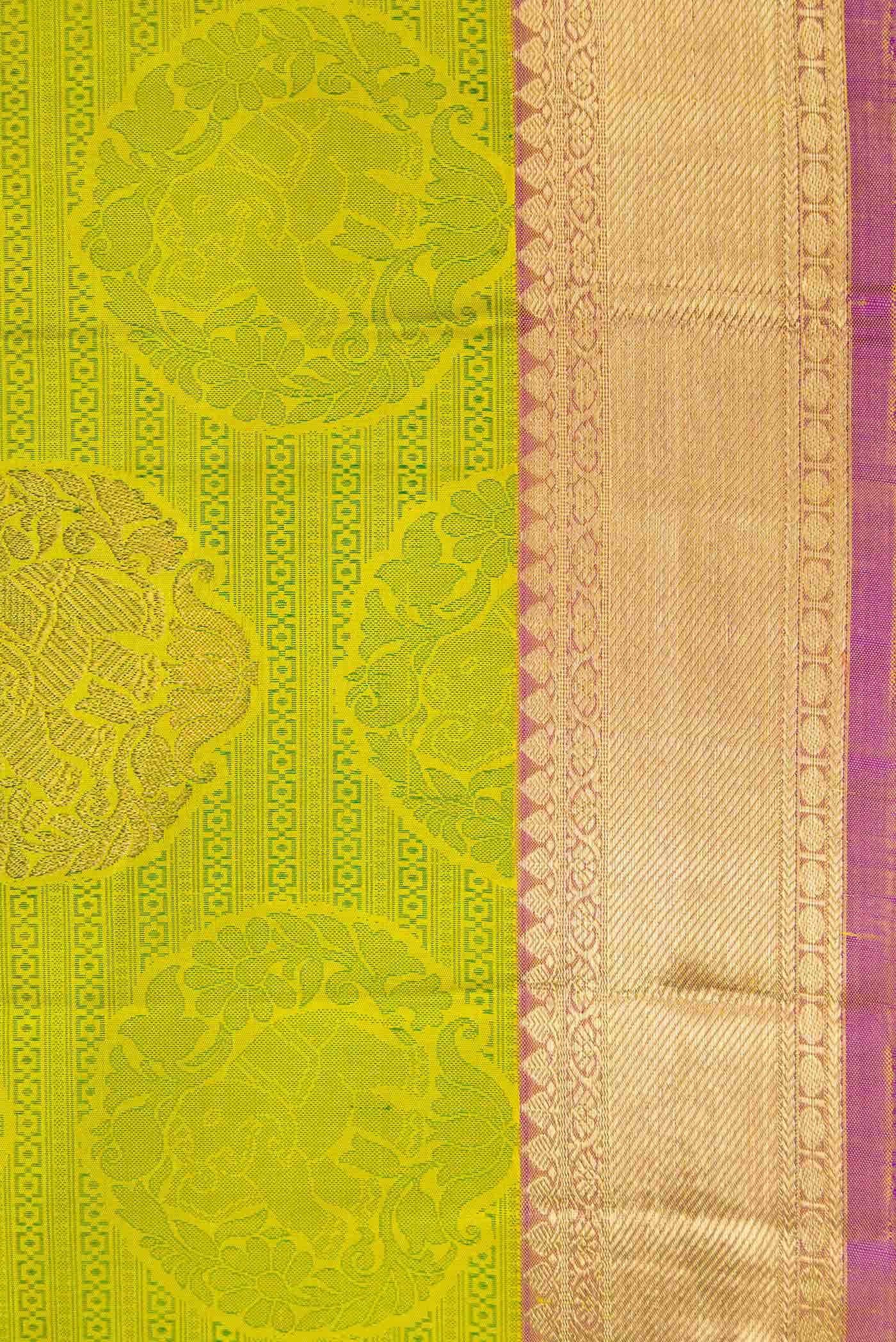 Pure Silk Pure Zari Parrot Green Dual Tone Kanjivaram Saree - Image 5