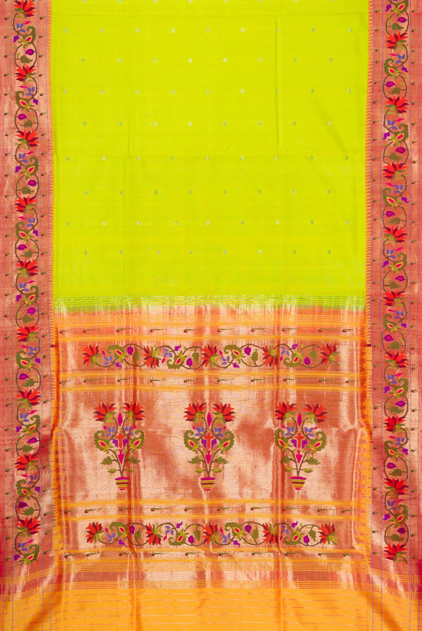 Pure Silk Pure Zari Parrot Green Paithani Saree - Image 6