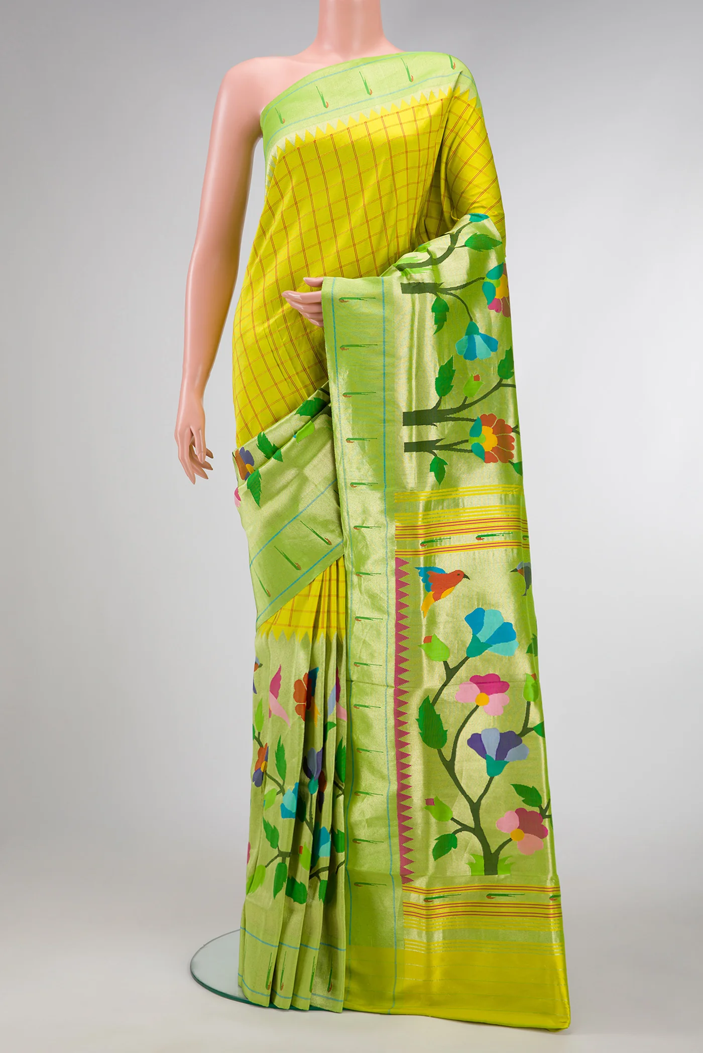 Pure Silk Pure Zari Parrot Green Paithani Saree