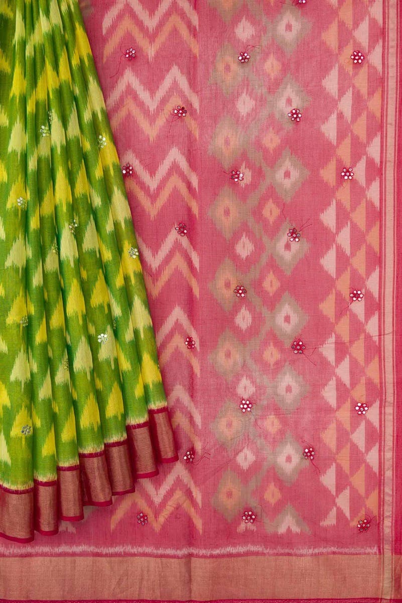 Parrot Green Dual Tone Silk Cotton Saree - Image 2