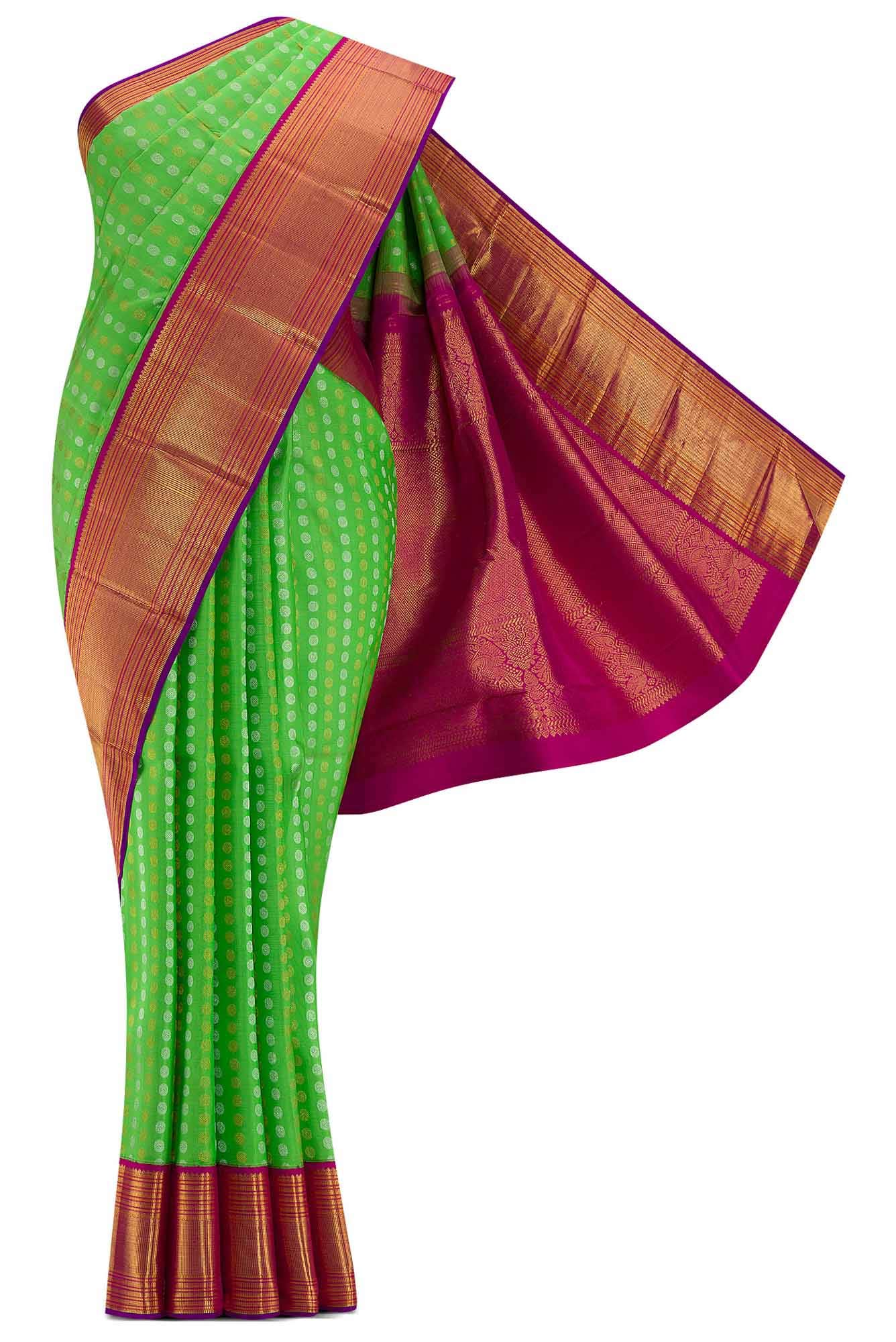 Pure Silk Pure Zari Parrot Green Dual Tone Kanjivaram Saree