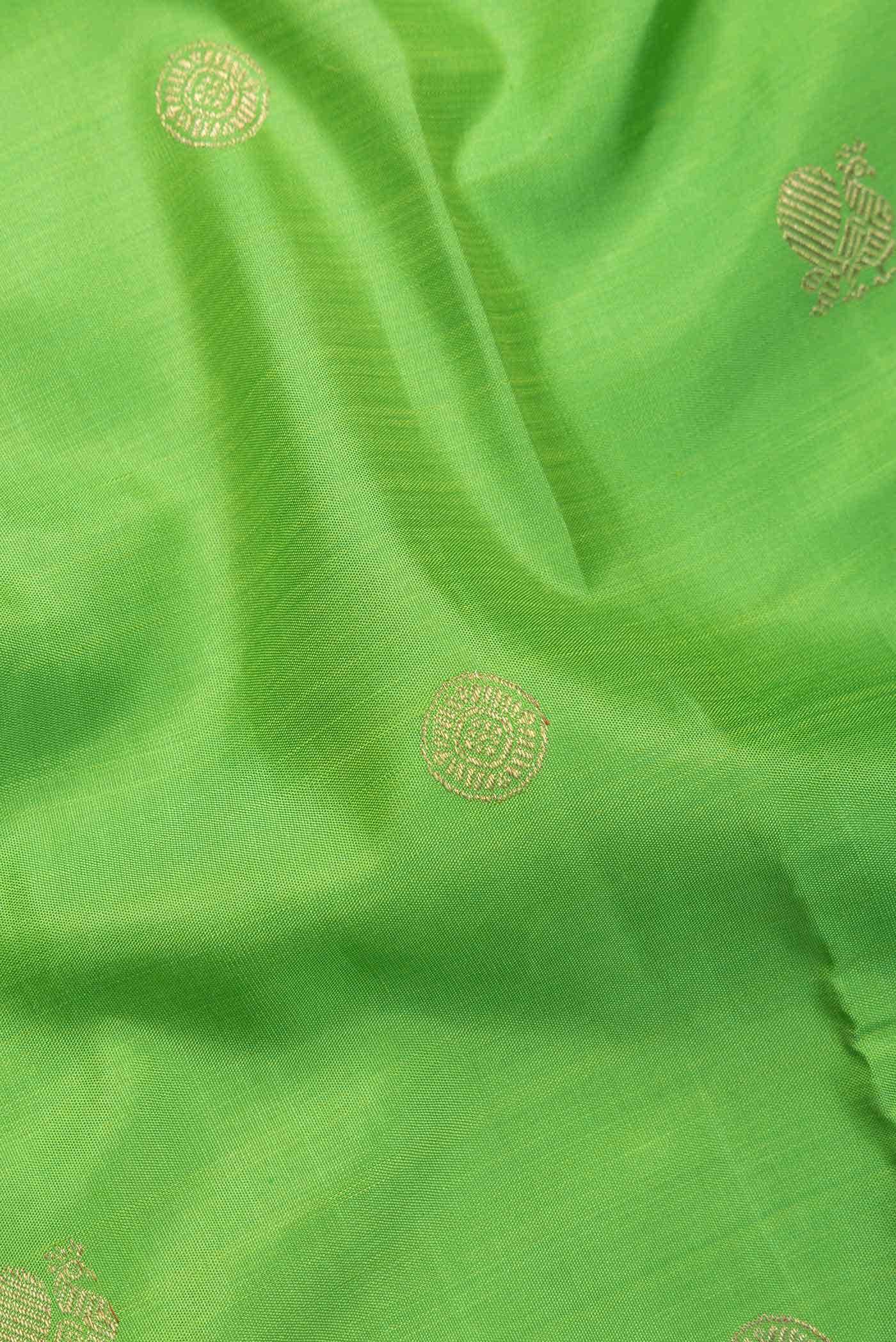Pure Silk Pure Zari Parrot Green Kanchipuram Saree - Image 3
