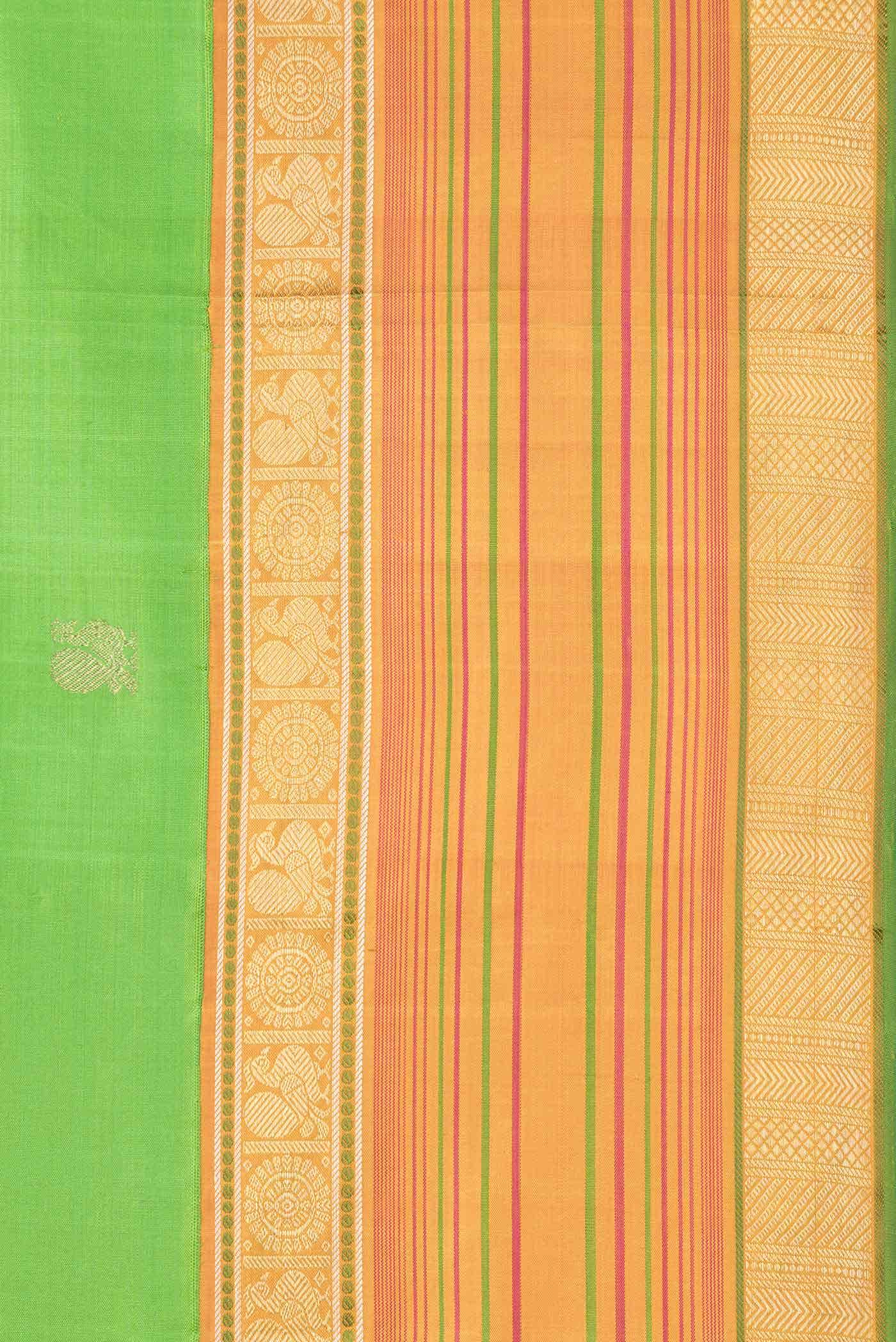 Pure Silk Pure Zari Parrot Green Kanchipuram Saree - Image 6