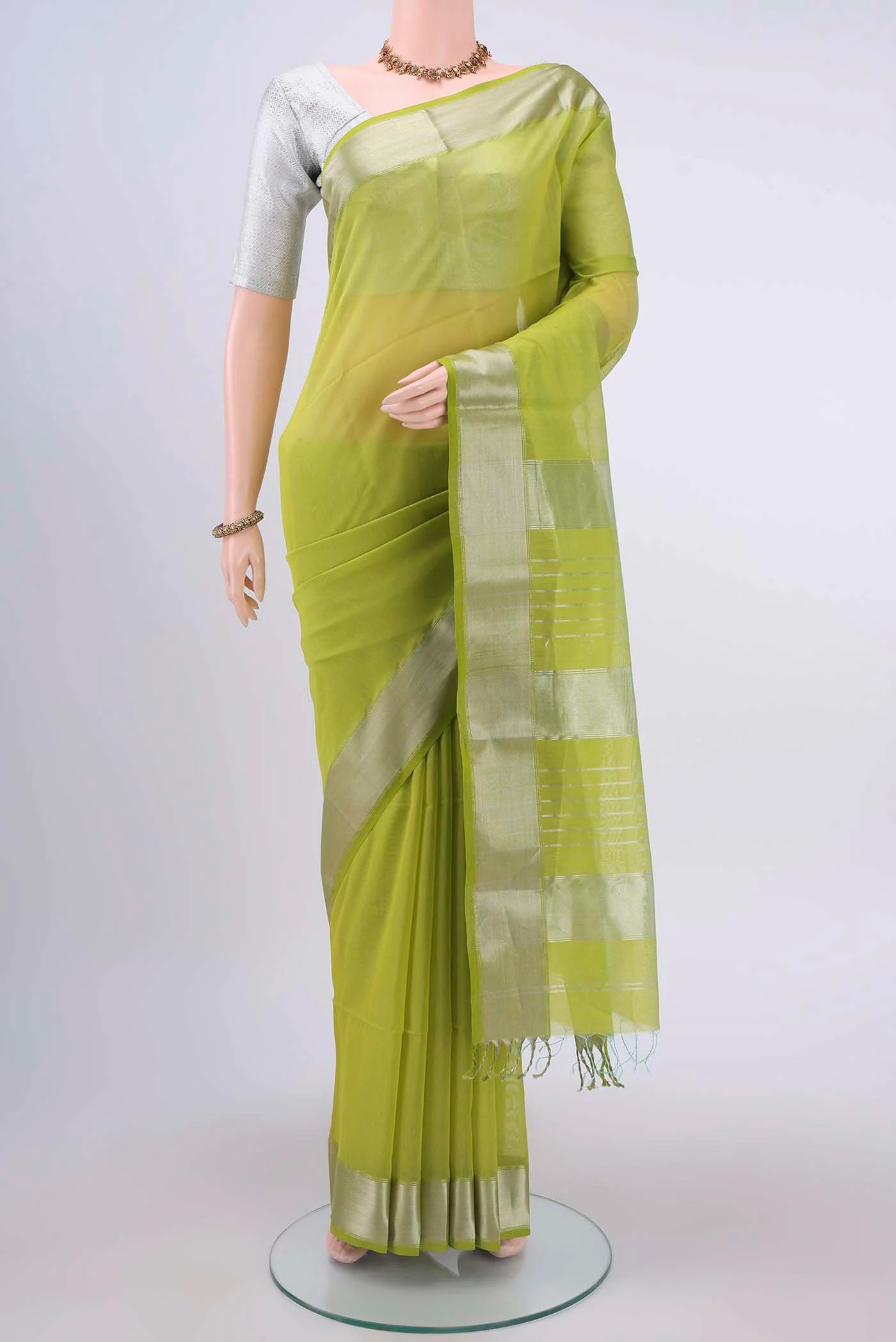 Parrot Green Maheshwari Silk Cotton Saree