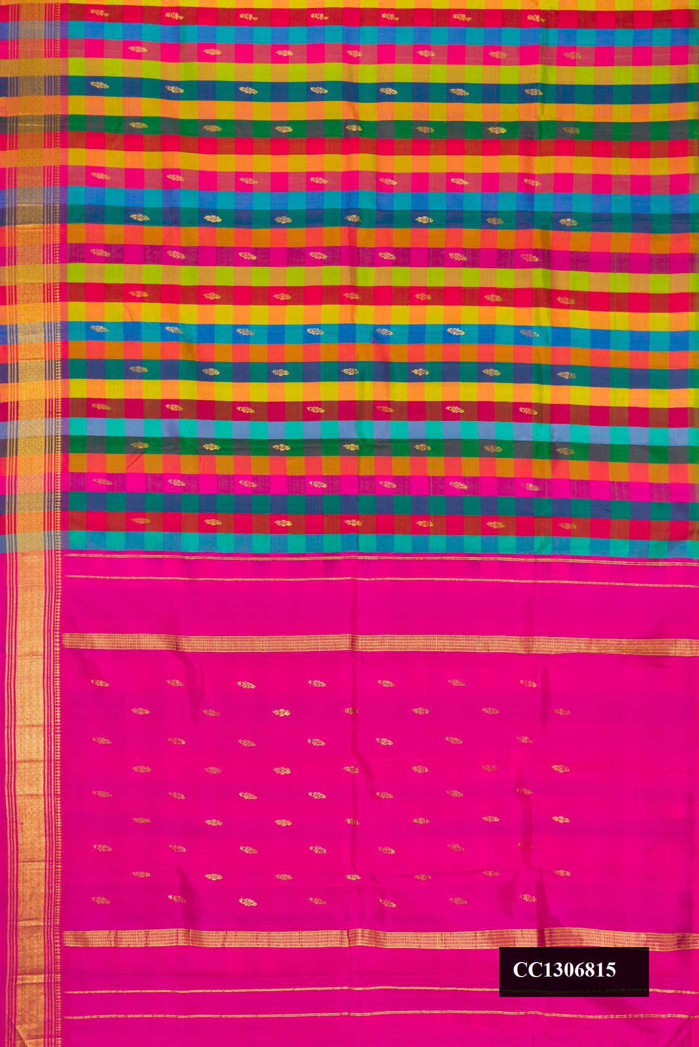 Parrot Green, Peacock Blue and Pink Dual Tone Kanchipuram Silk Saree