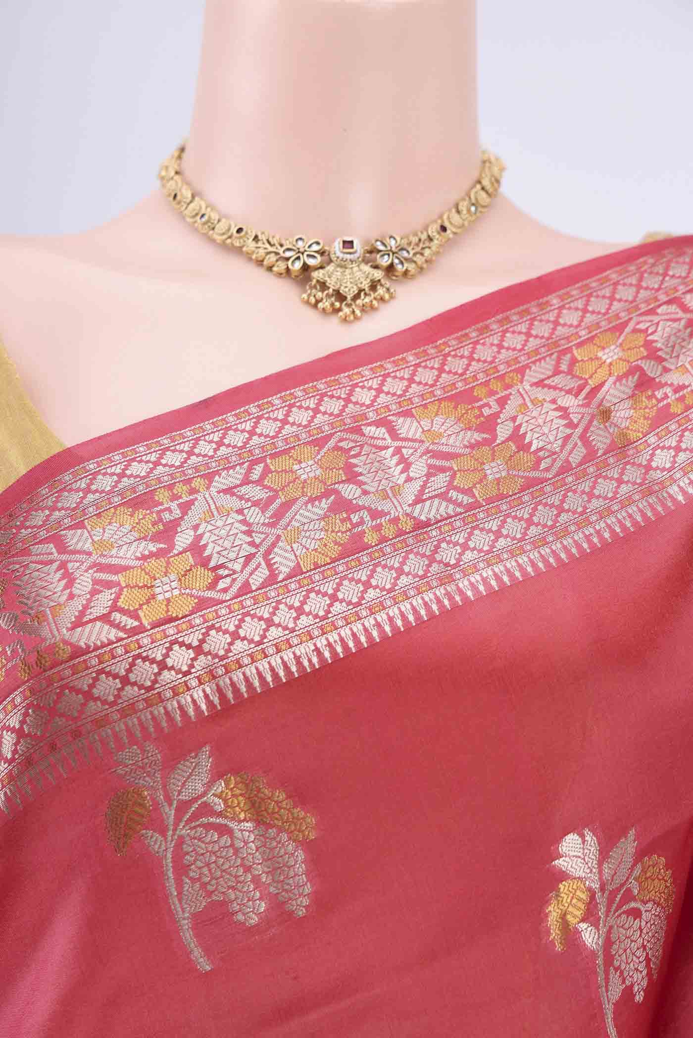 Coral Banarasi Raw Silk Saree - Image 2
