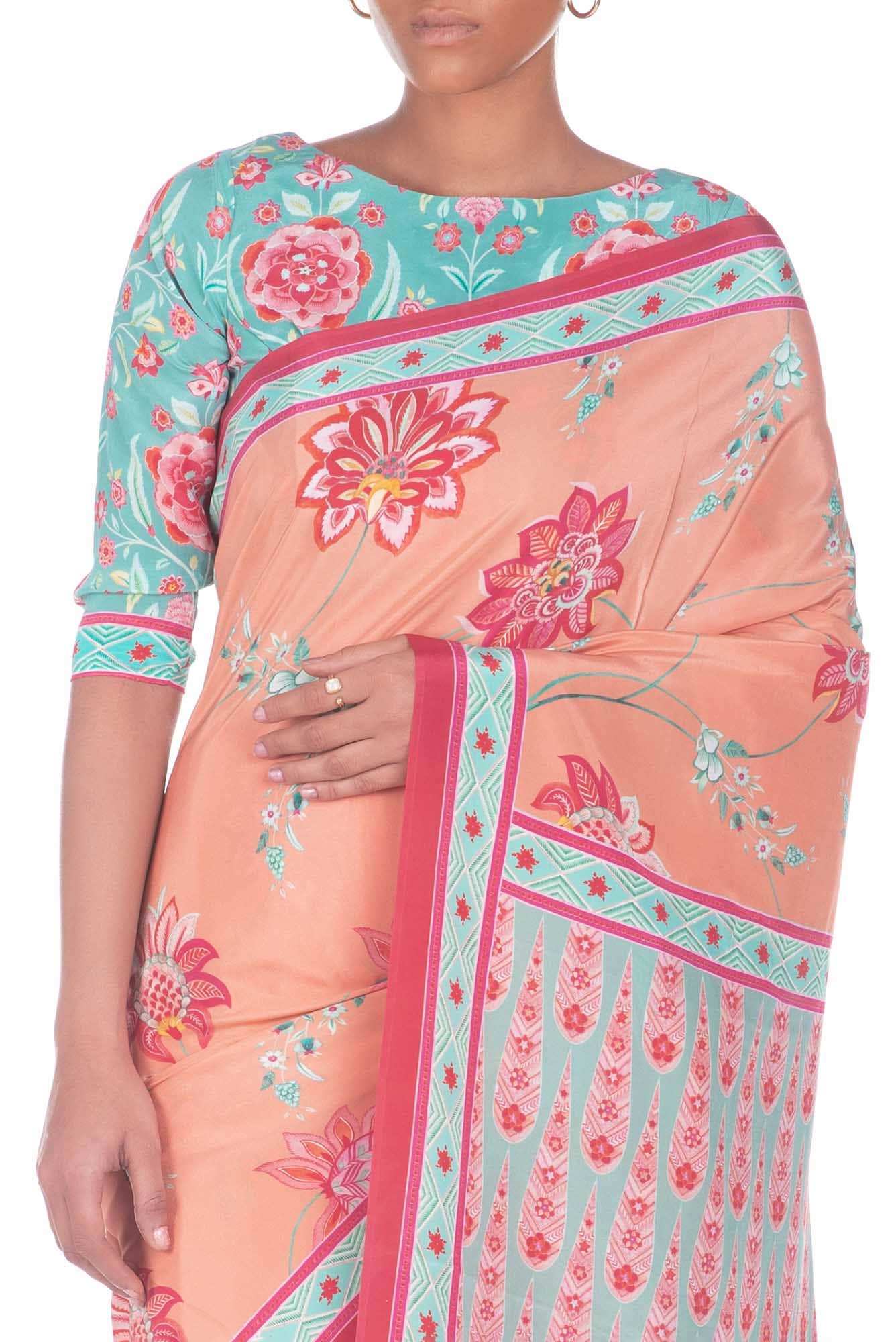 Lata Peach floral design saree from Chintz Collection, Designed by Nalli - Image 2