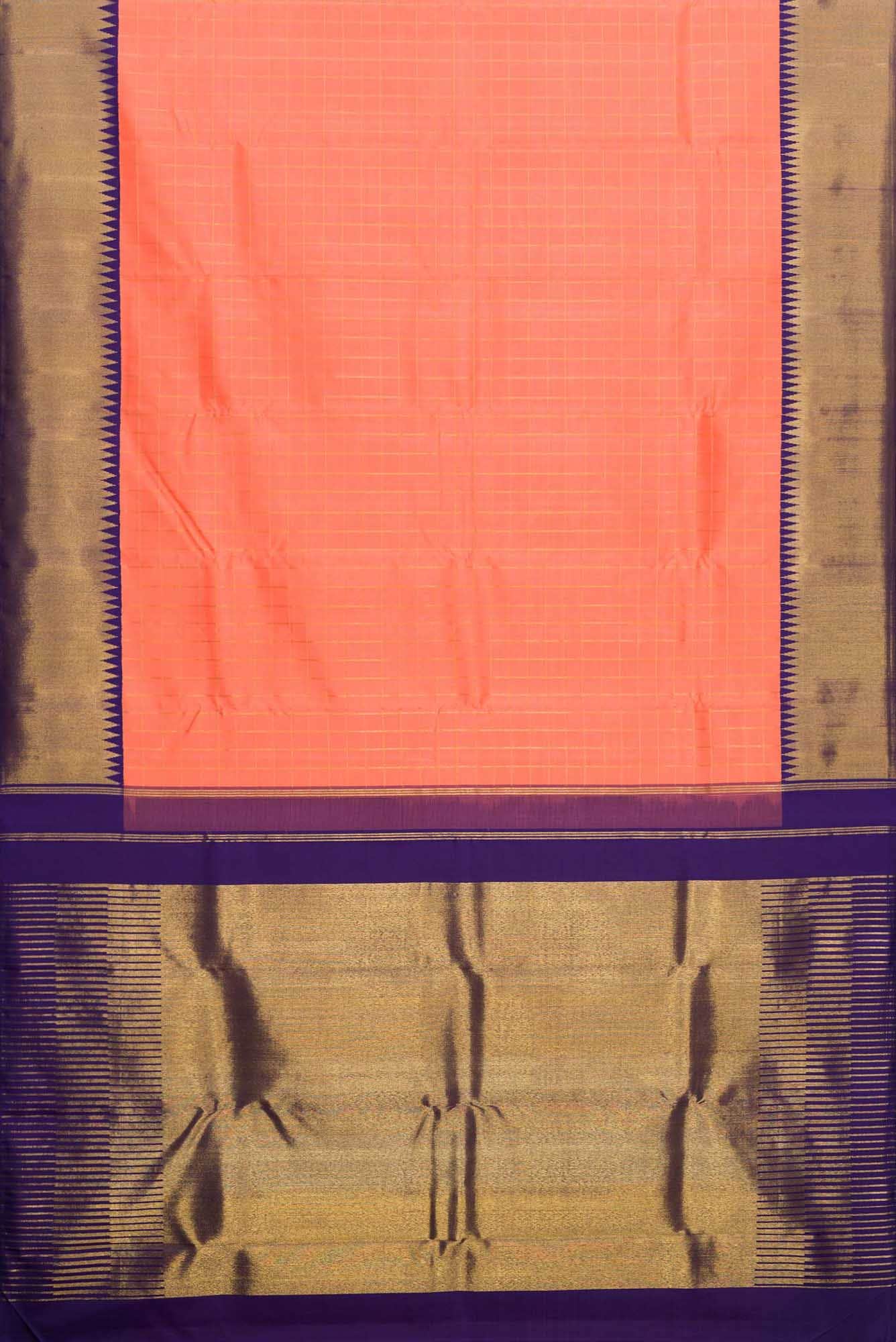 Pure Silk Pure Zari Peach Dual Tone Kanchipuram Saree - Image 4