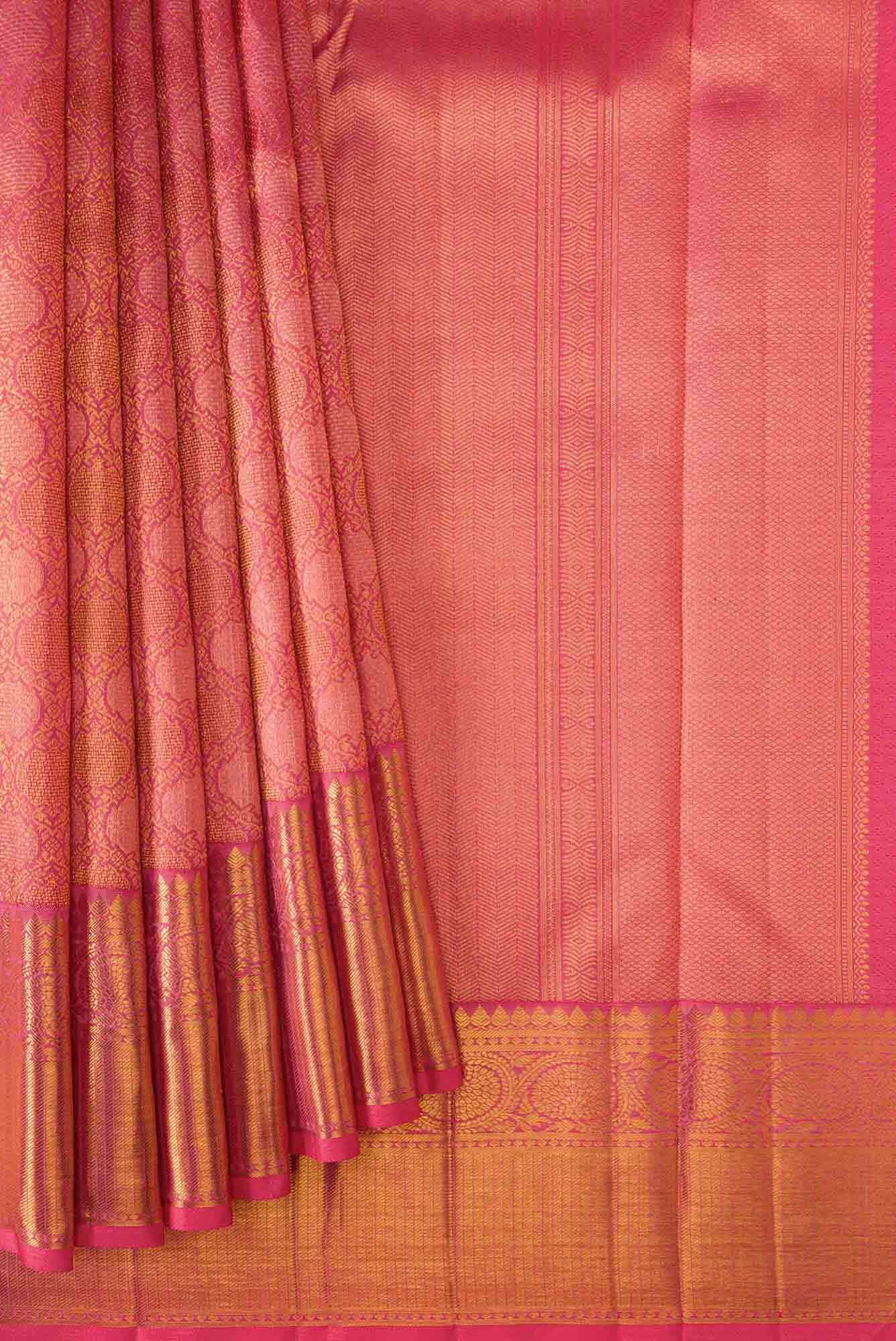 Pure Silk Pure Zari Peach Dual Tone Kanjivaram Saree - Image 2