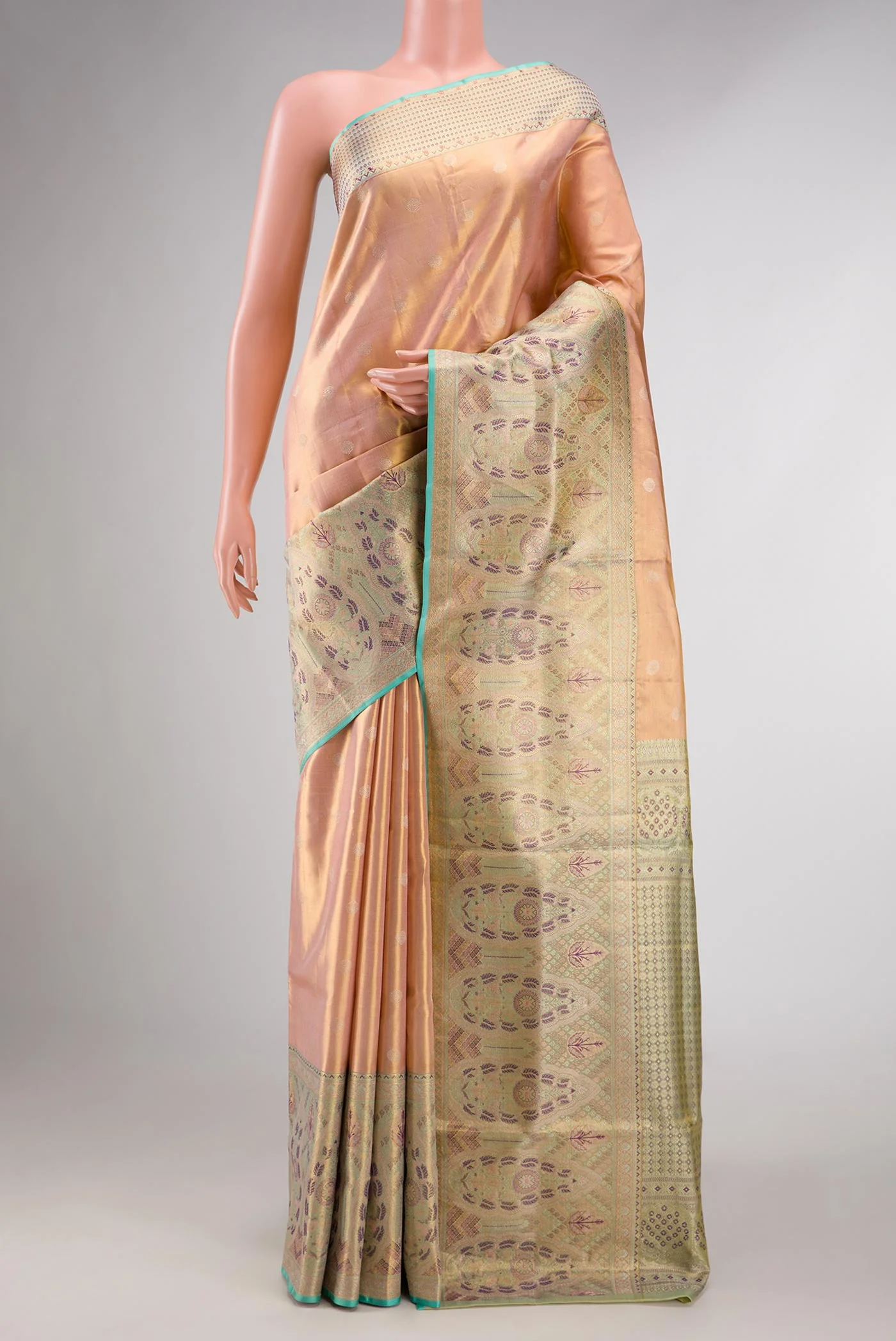 Peach Dual Tone Kanchipuram Tissue Silk Saree