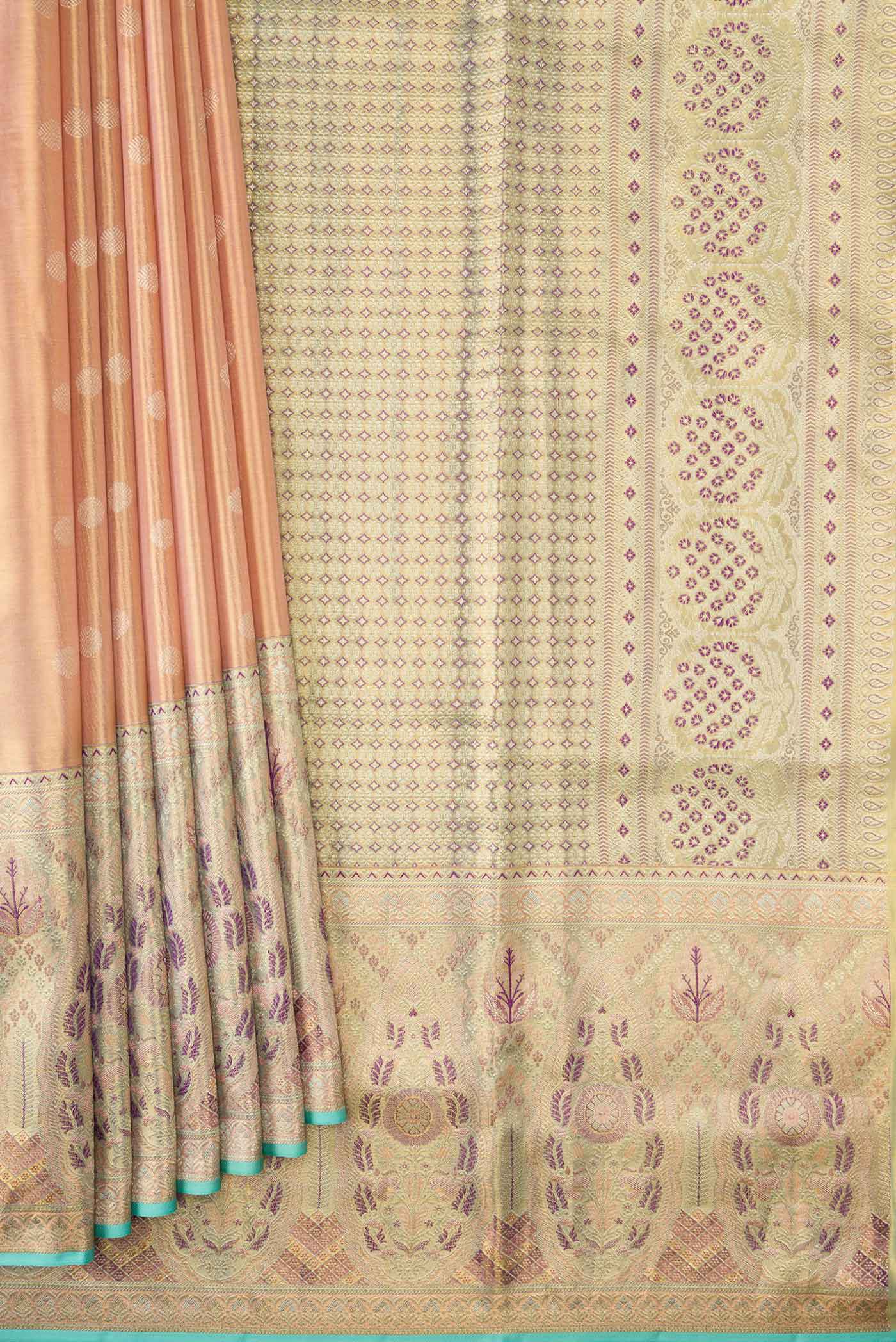 Peach Dual Tone Kanchipuram Tissue Silk Saree - Image 4