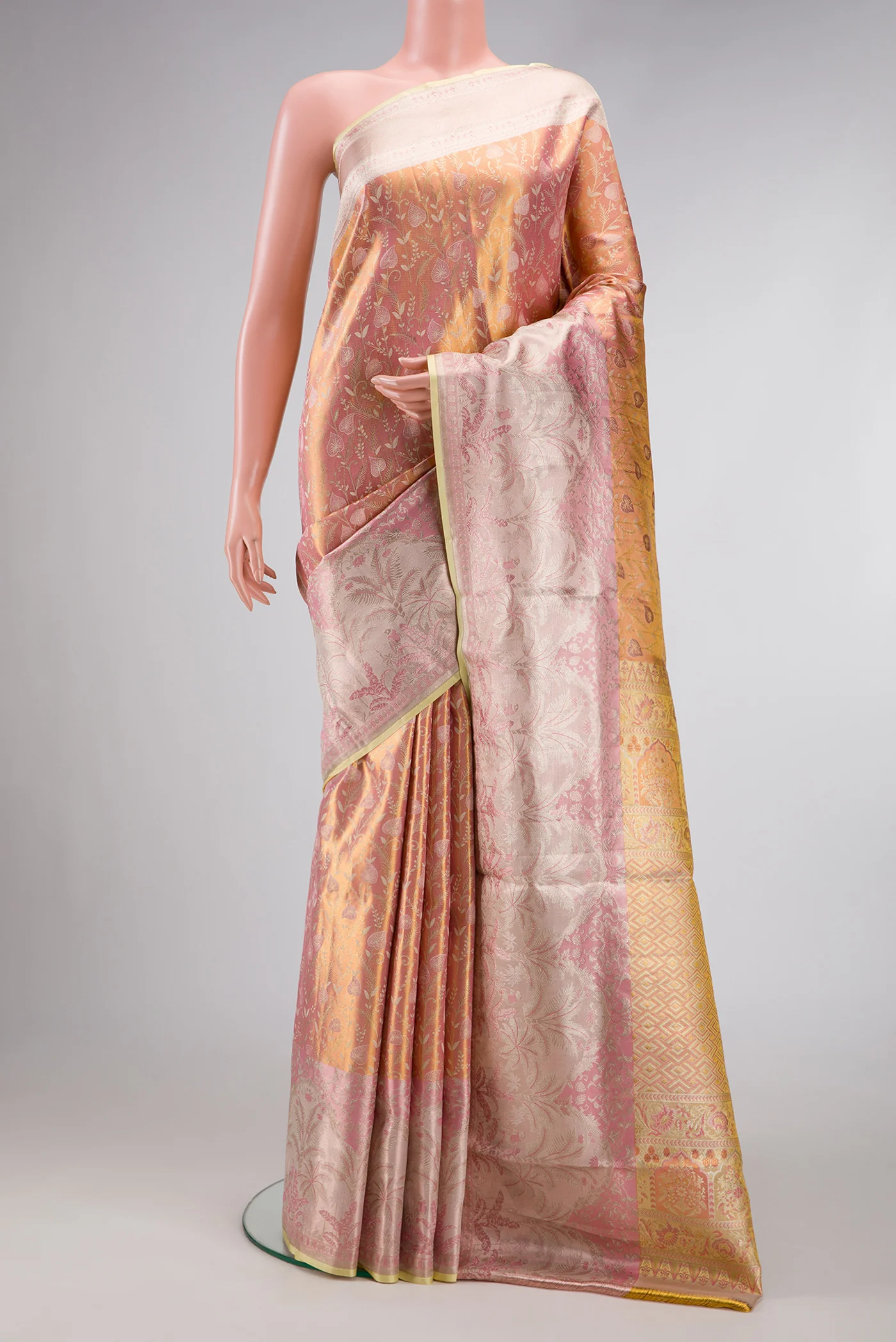 Peach Dual Tone Kanjivaram Tissue Silk Saree