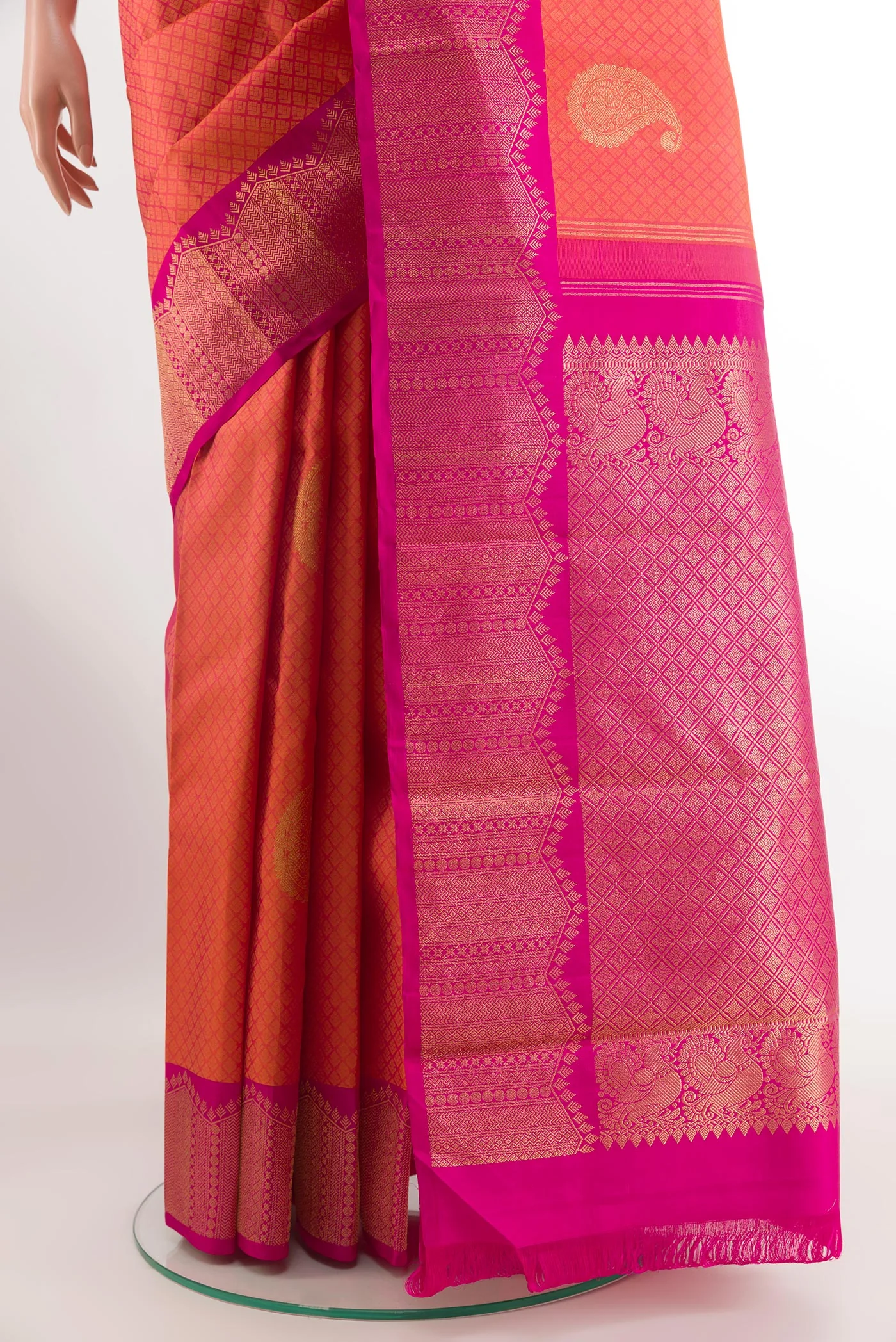 Coral Kanchipuram Silk Saree - Image 3
