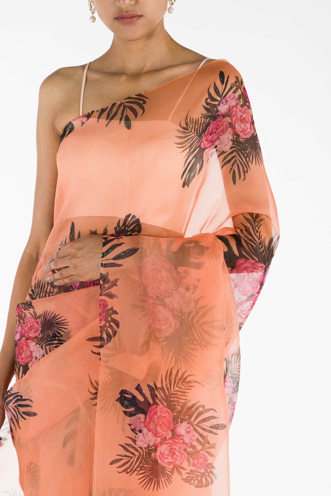 The Flower Bunch Peach Pure Organza Silk Saree - Image 2