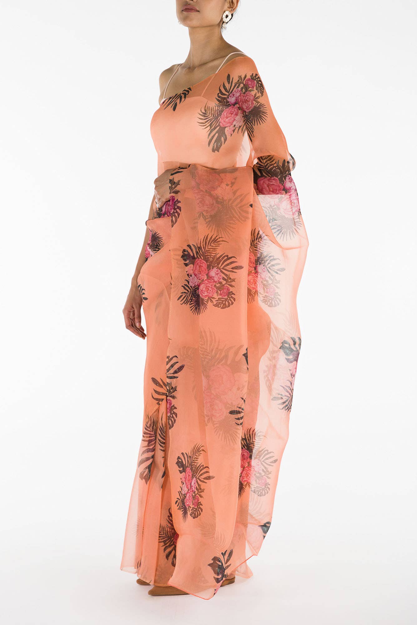The Flower Bunch Peach Pure Organza Silk Saree - Image 4