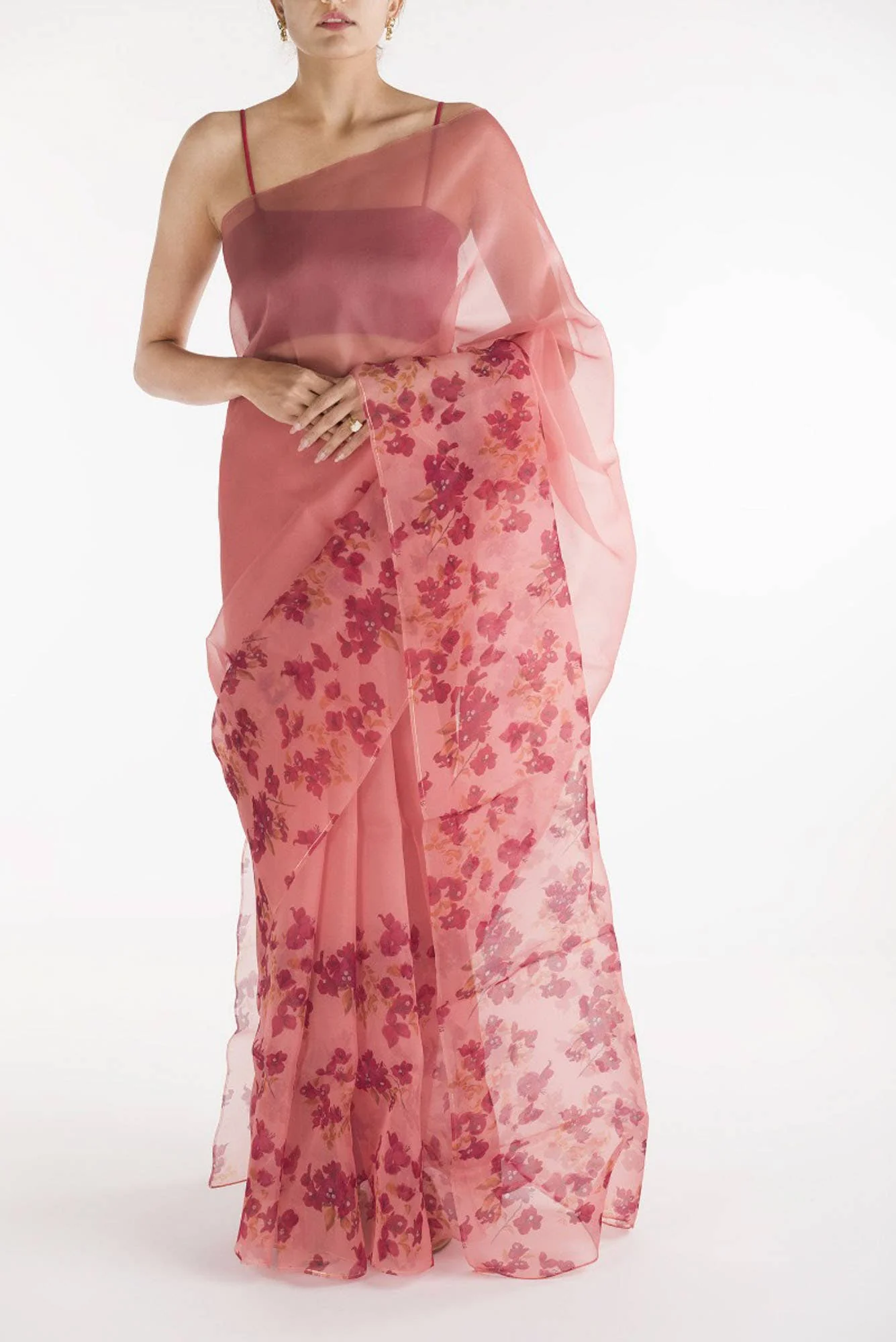 Bougainvillea Vines Peach Pure Organza Silk Saree