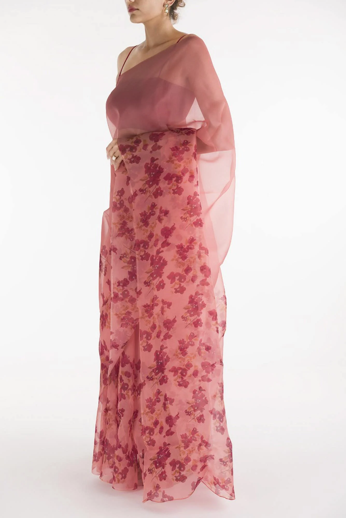 Bougainvillea Vines Peach Pure Organza Silk Saree - Image 4