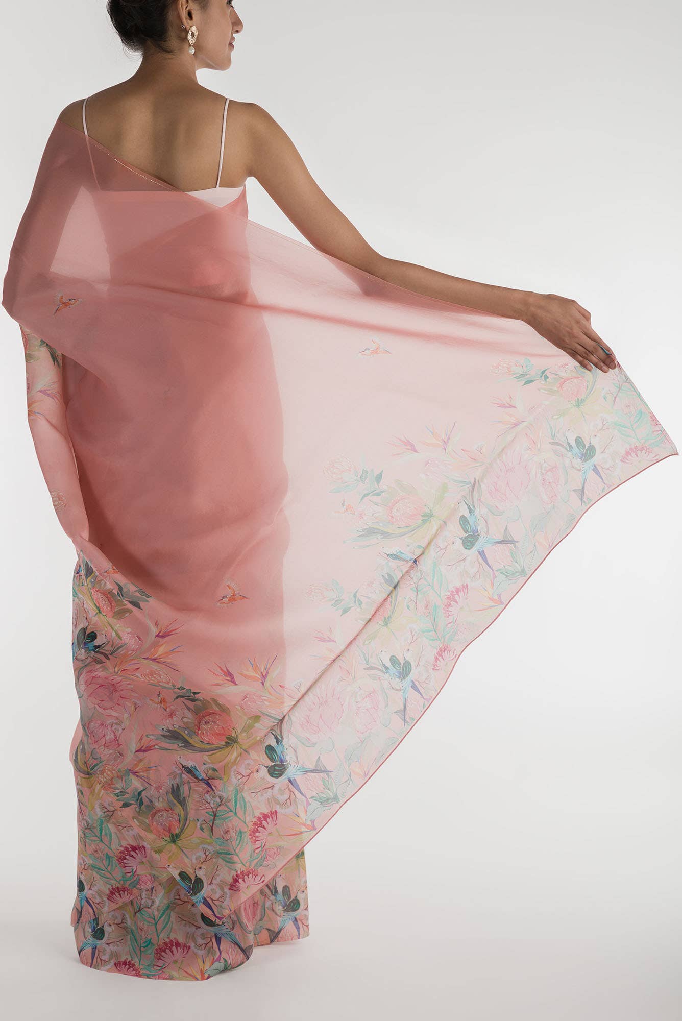 Lovers on the Branch Peach Satin Organza Saree - Image 3