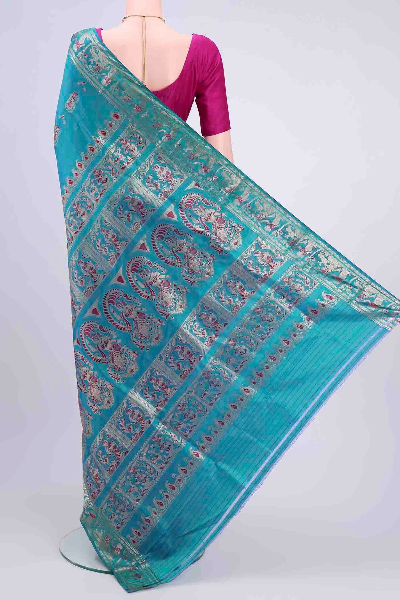 Peacock Blue Baluchari Silk Saree - Image 3