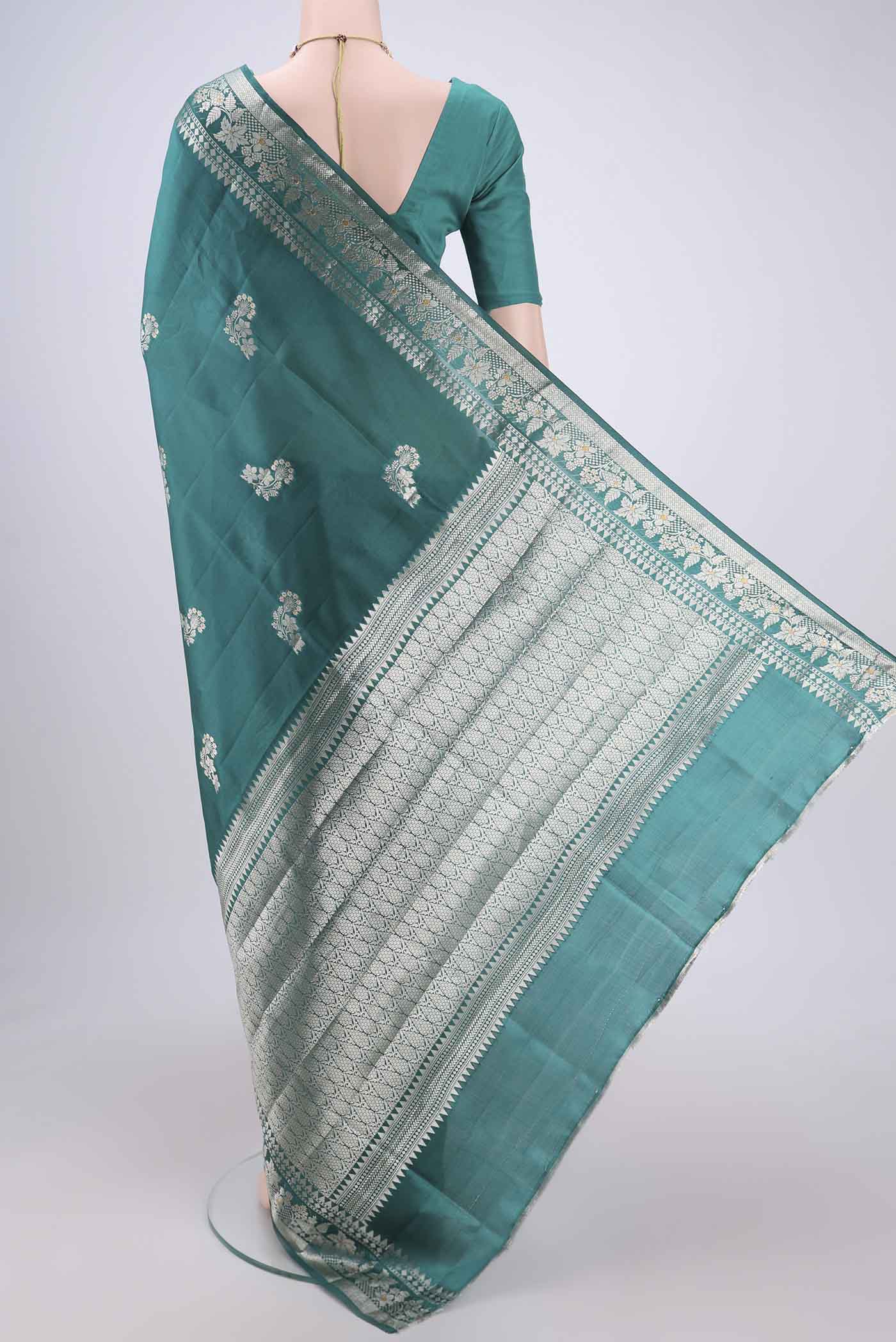 Peacock Blue Banarasi Raw Silk Saree - Image 3