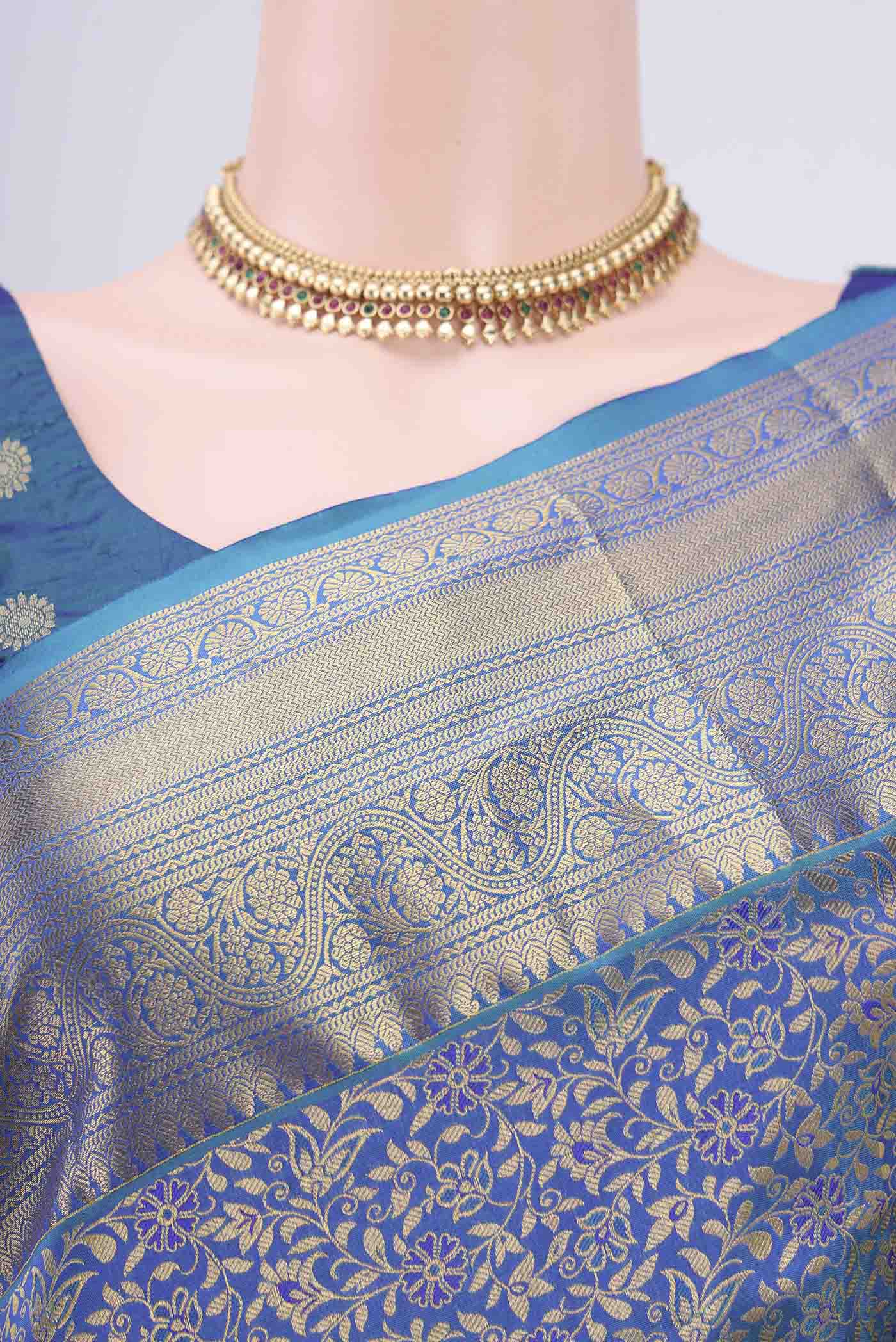 Peacock Blue Bangalore Silk Saree - Image 2