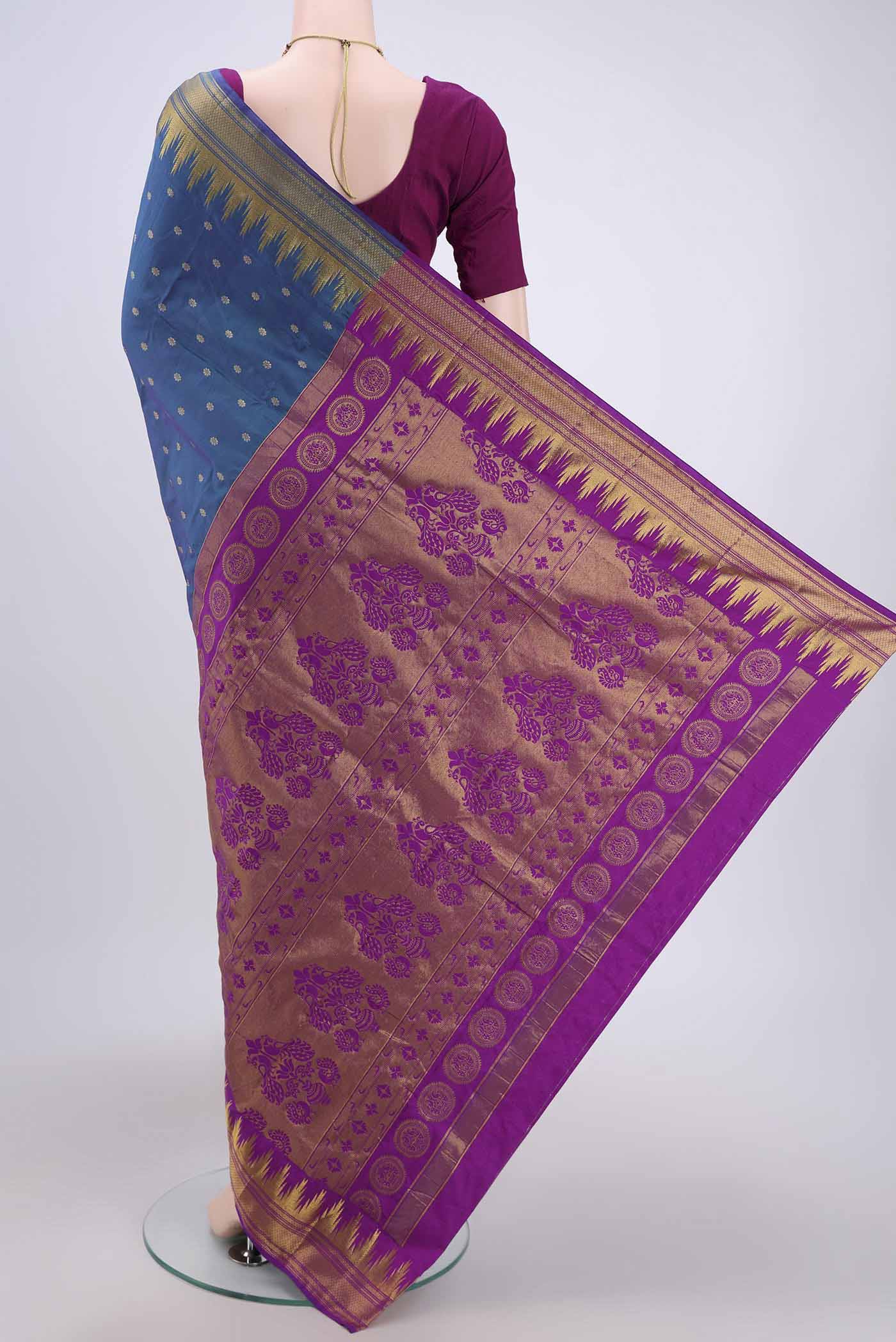 Peacock Blue Blended Bangalore Silk Saree - Image 3