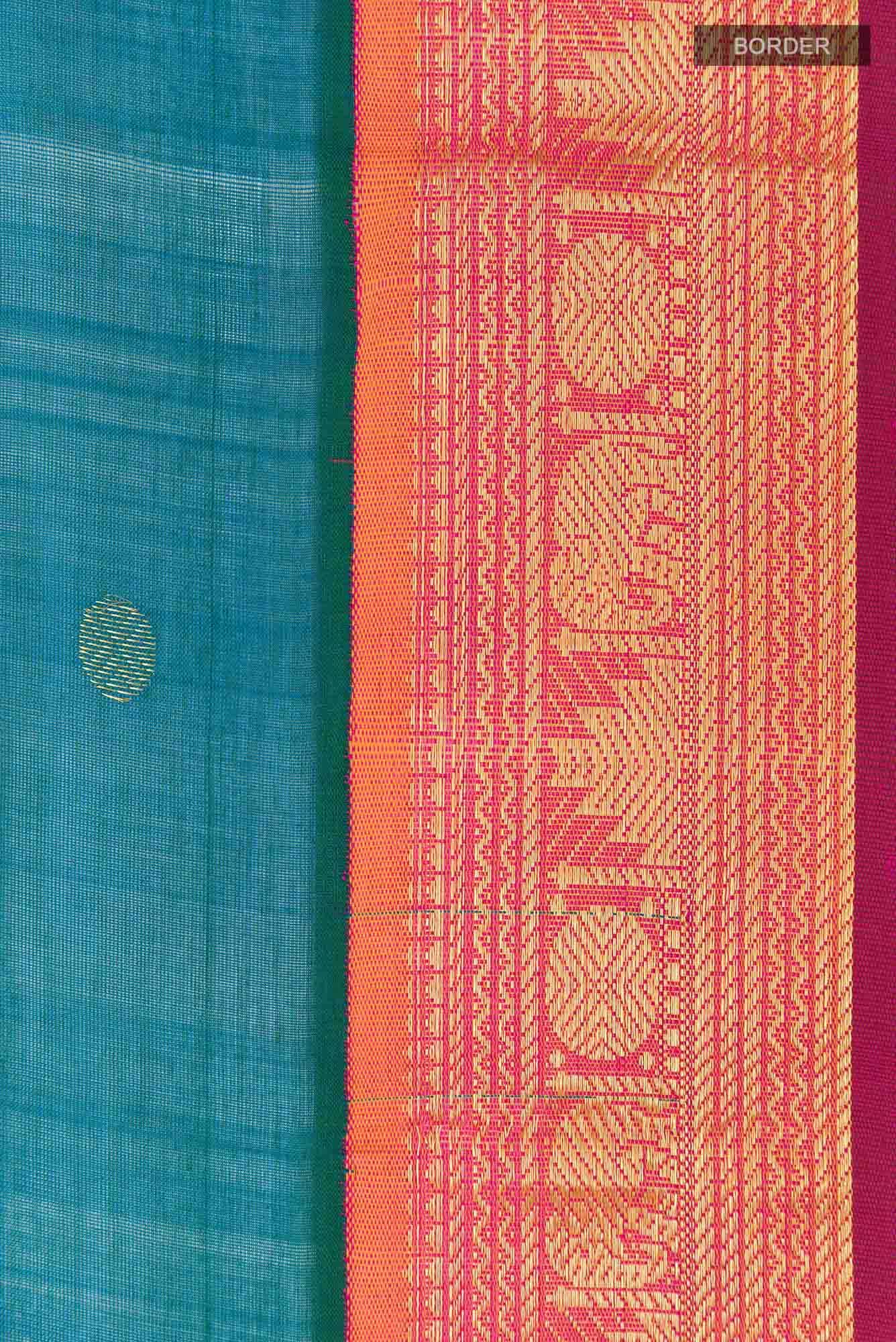 Peacock Blue Silk Cotton Saree - Image 4