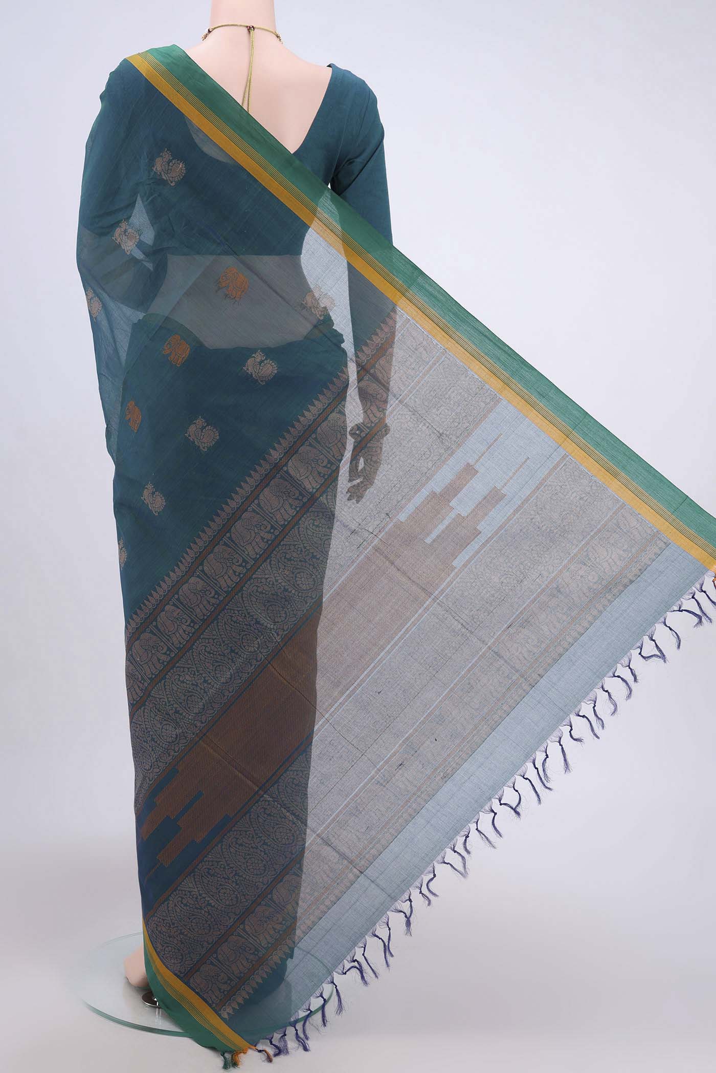Peacock Blue Coimbatore Cotton Saree - Image 3