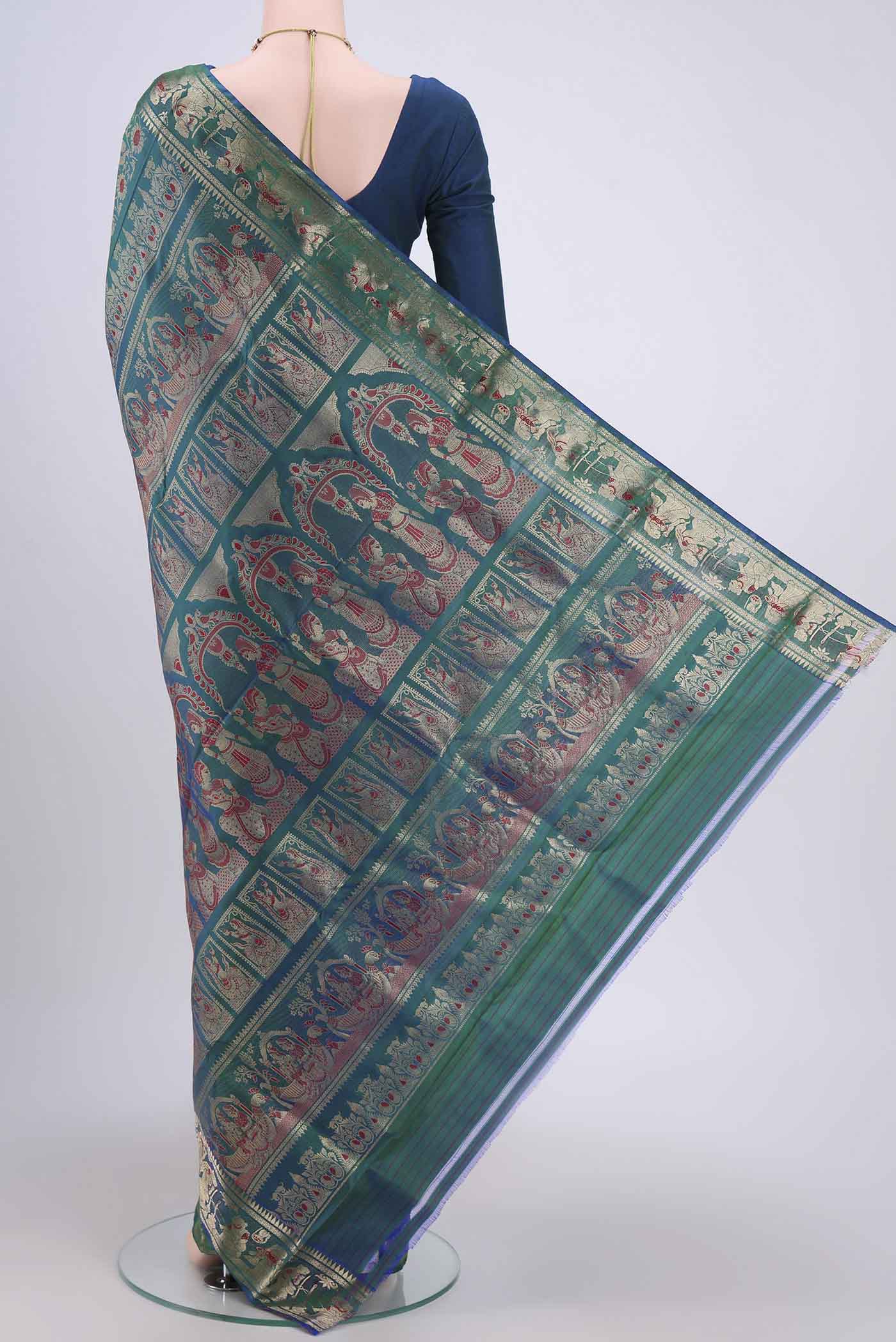 Peacock Blue Dual Tone Baluchari Silk Saree - Image 3