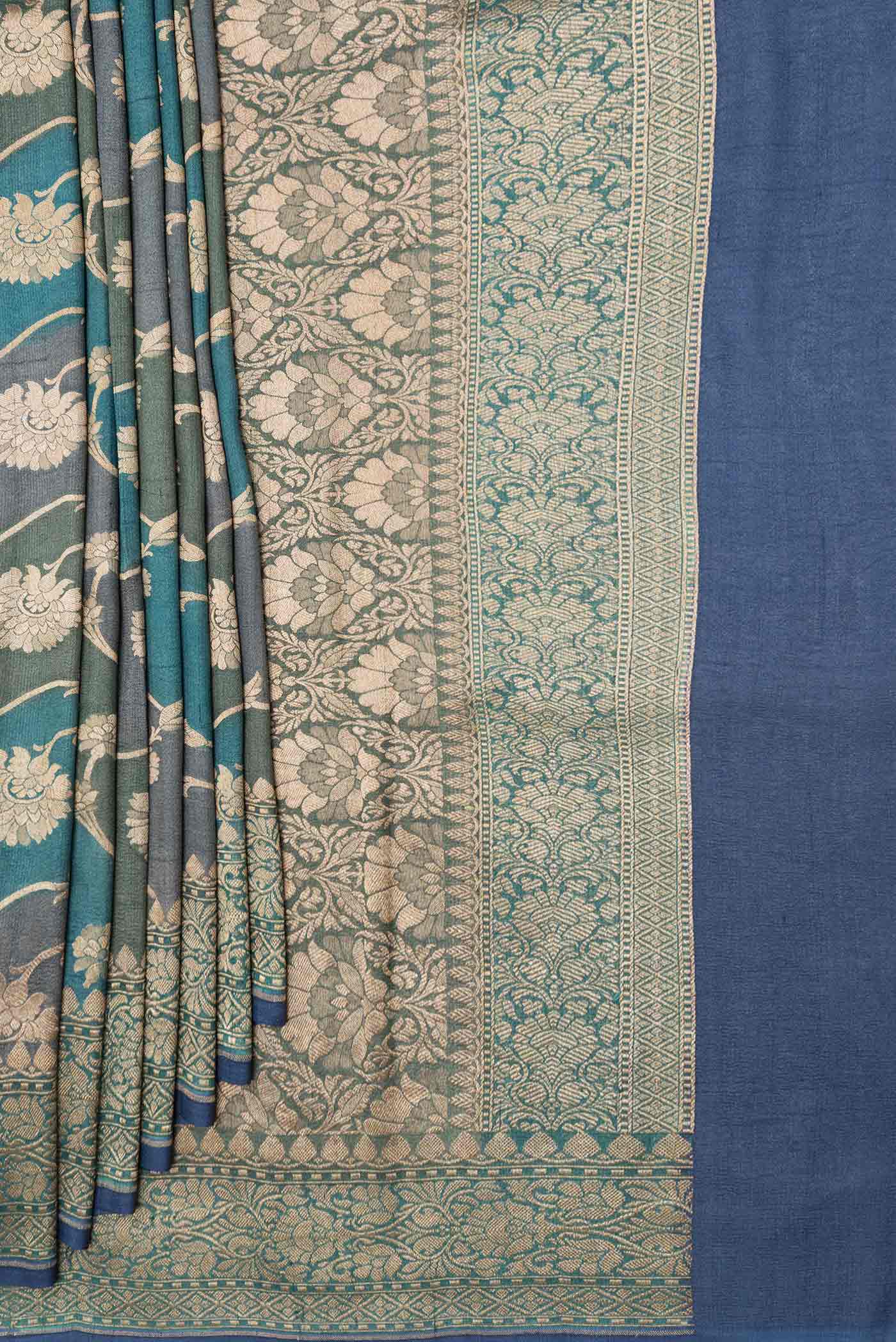 Peacock Blue Dual Tone Banarasi Georgette Saree - Image 4